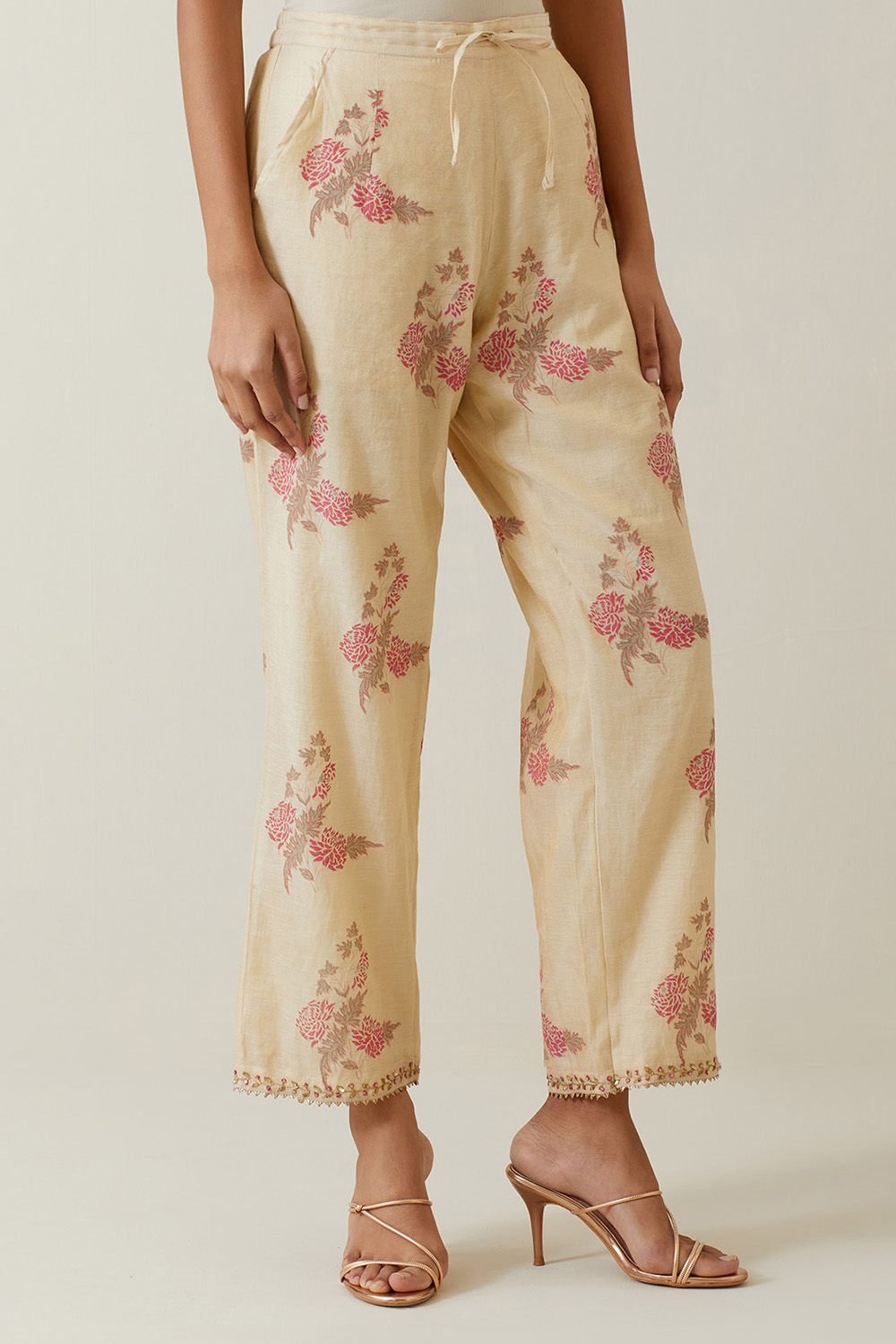 Beige Tissue Chanderi Straight Pants With All-Over Floral Hand Block Printed Boota