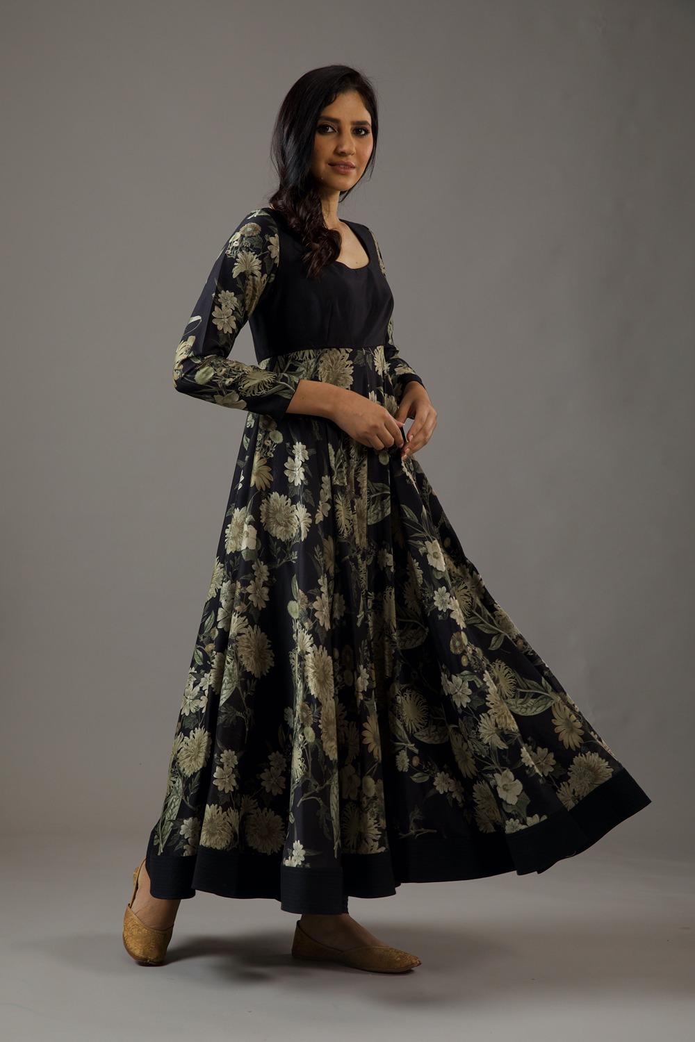 Chanderi Silk Black Printed Anarkali Set