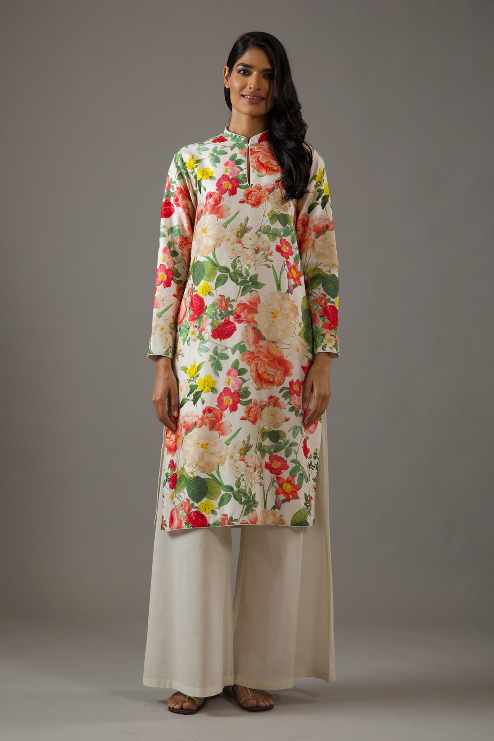 Chanderi Silk Ivory Floral Printed Tunic Set 