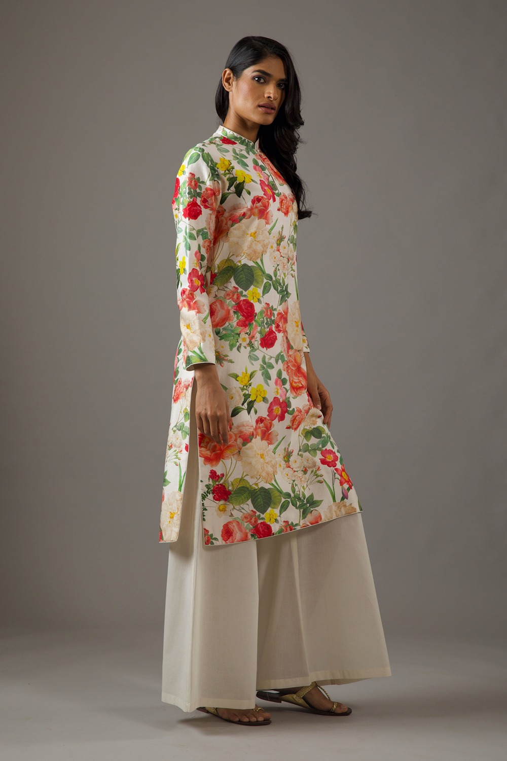 Chanderi Silk Ivory Floral Printed Tunic Set 