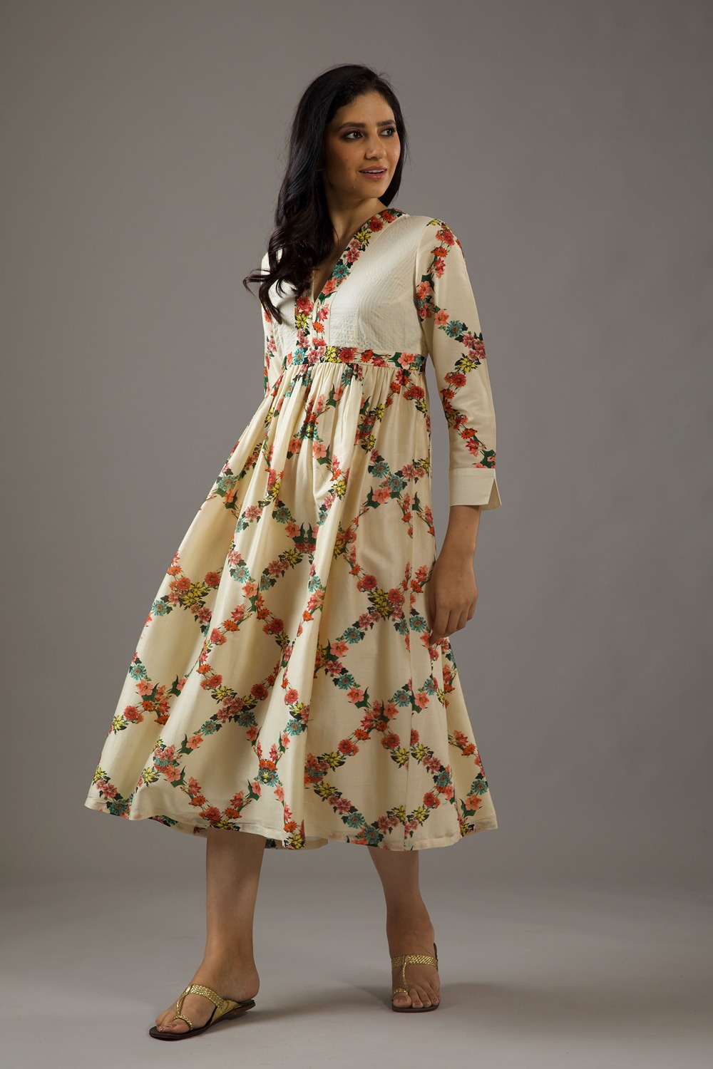 Chanderi Silk Dress With Overall Print 