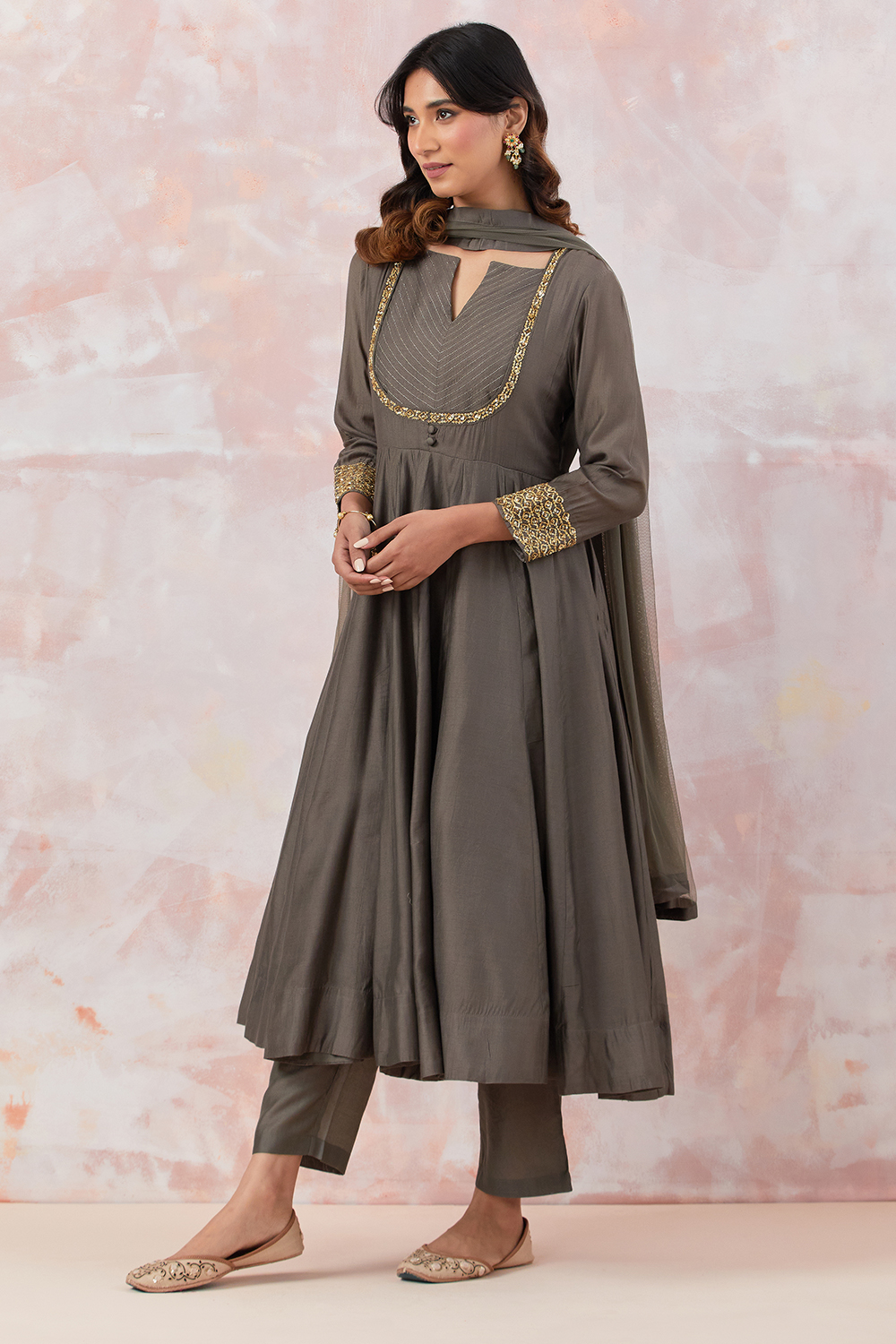 Grey Anarkali Set With Embroidery
