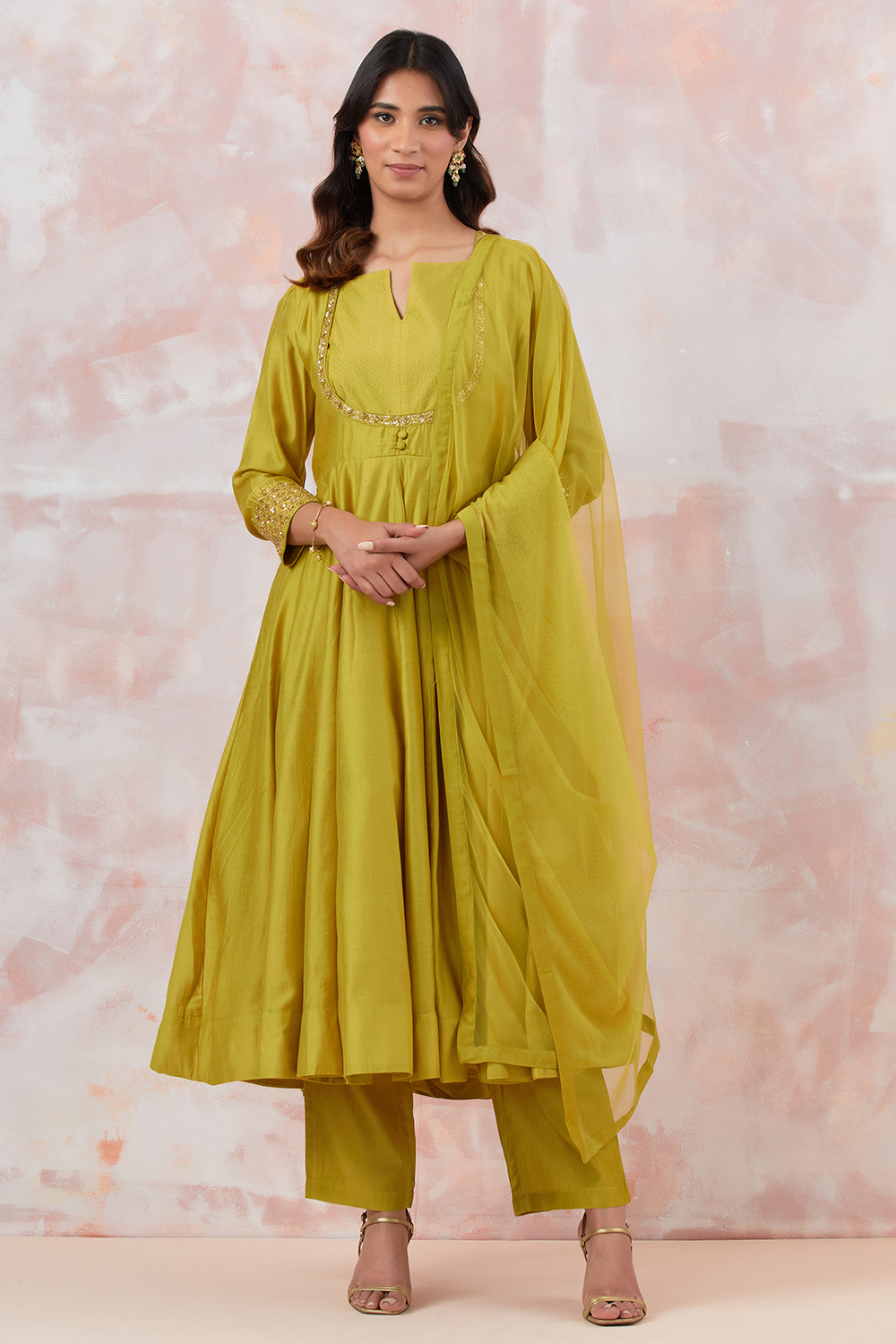 Lime Green Anarkali Set With Embroidery
