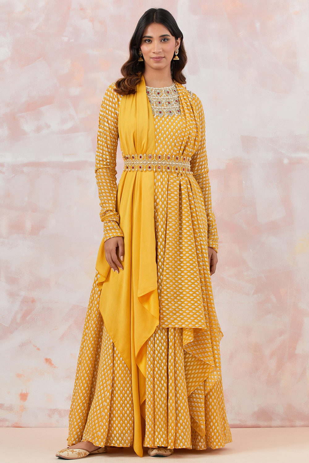 Yellow Embellished Anarkali Set With Belt