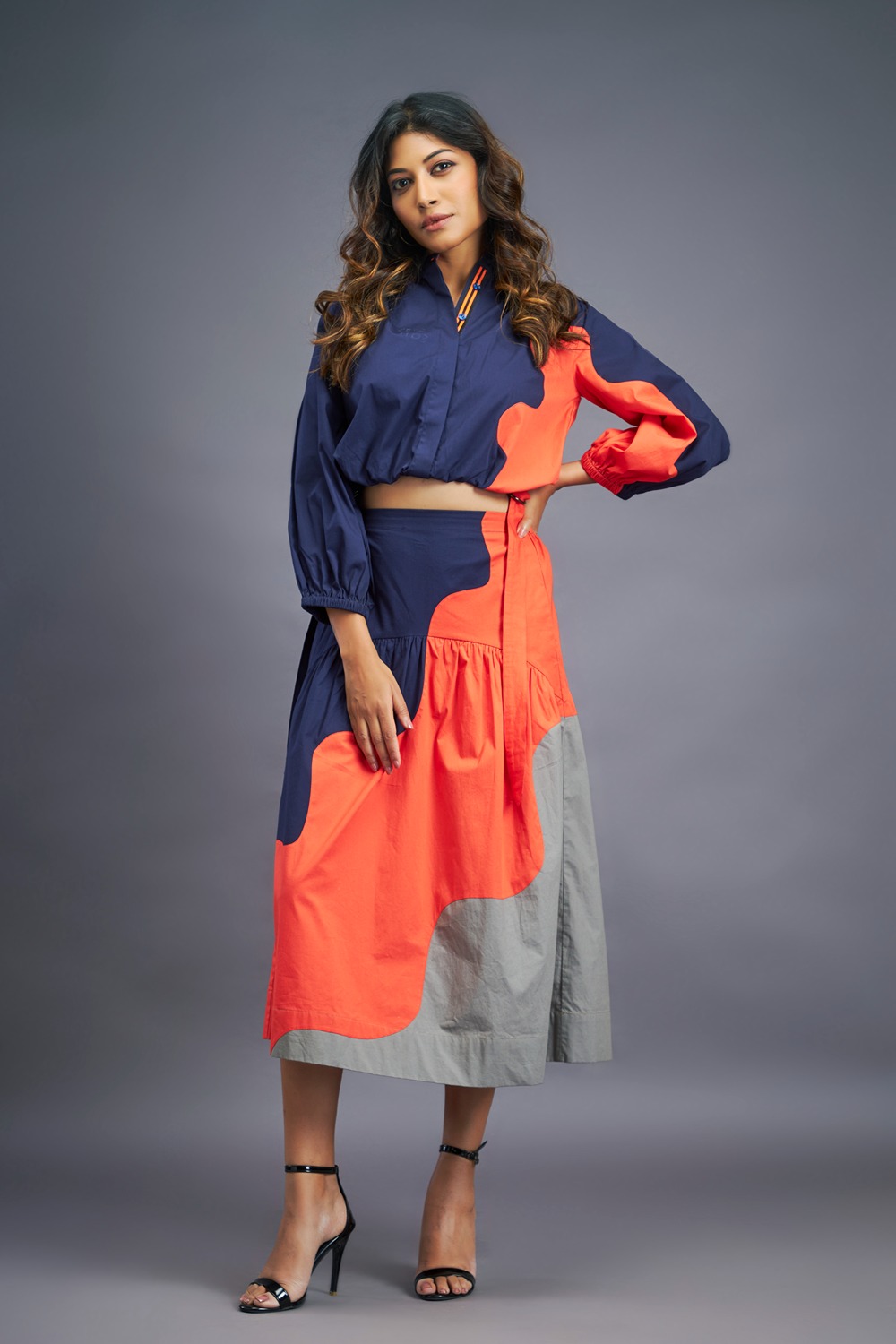 Navy Blue Orange Shirt & Skirt Co-Ord Set