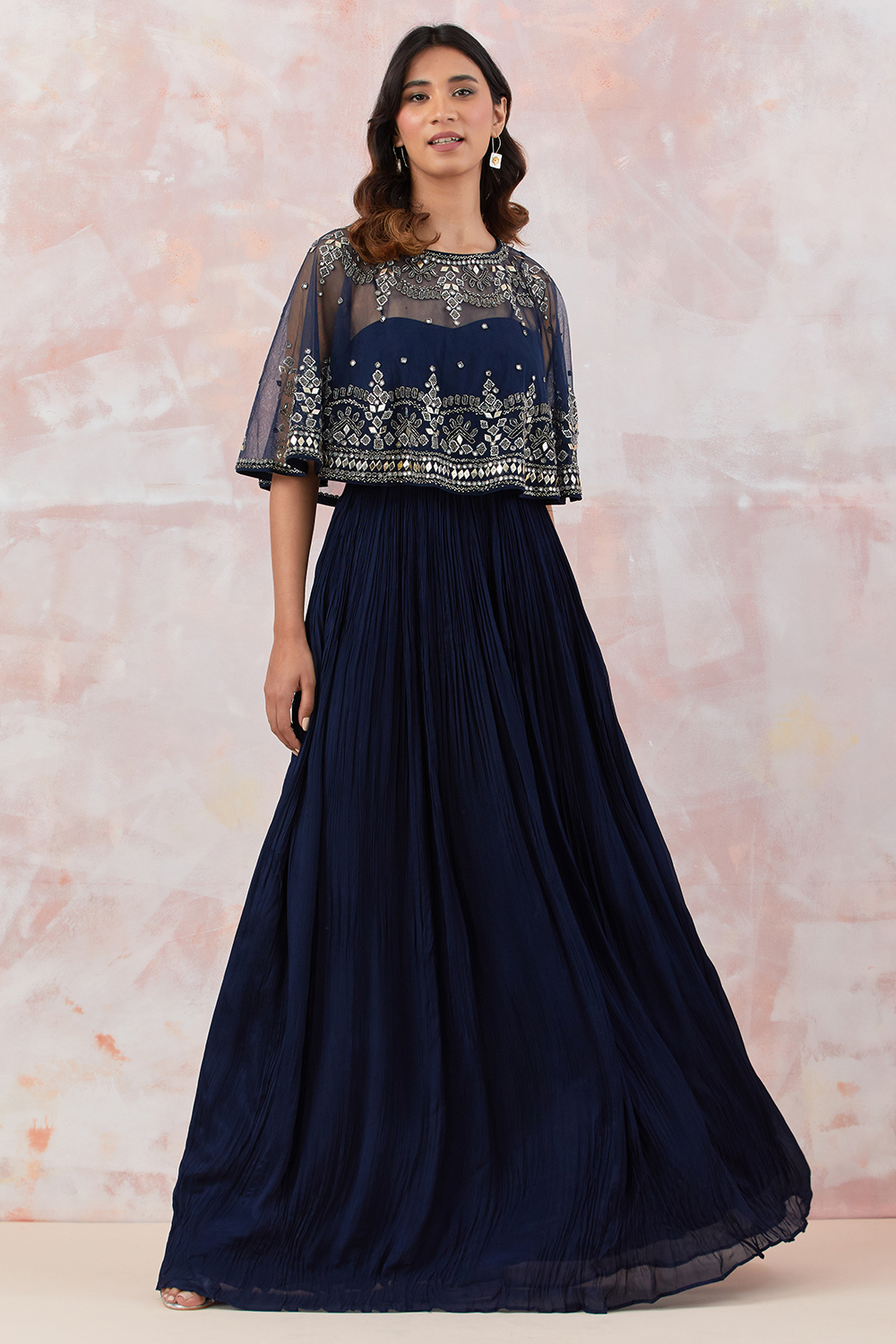 Blue Caped Gown With Embroidery