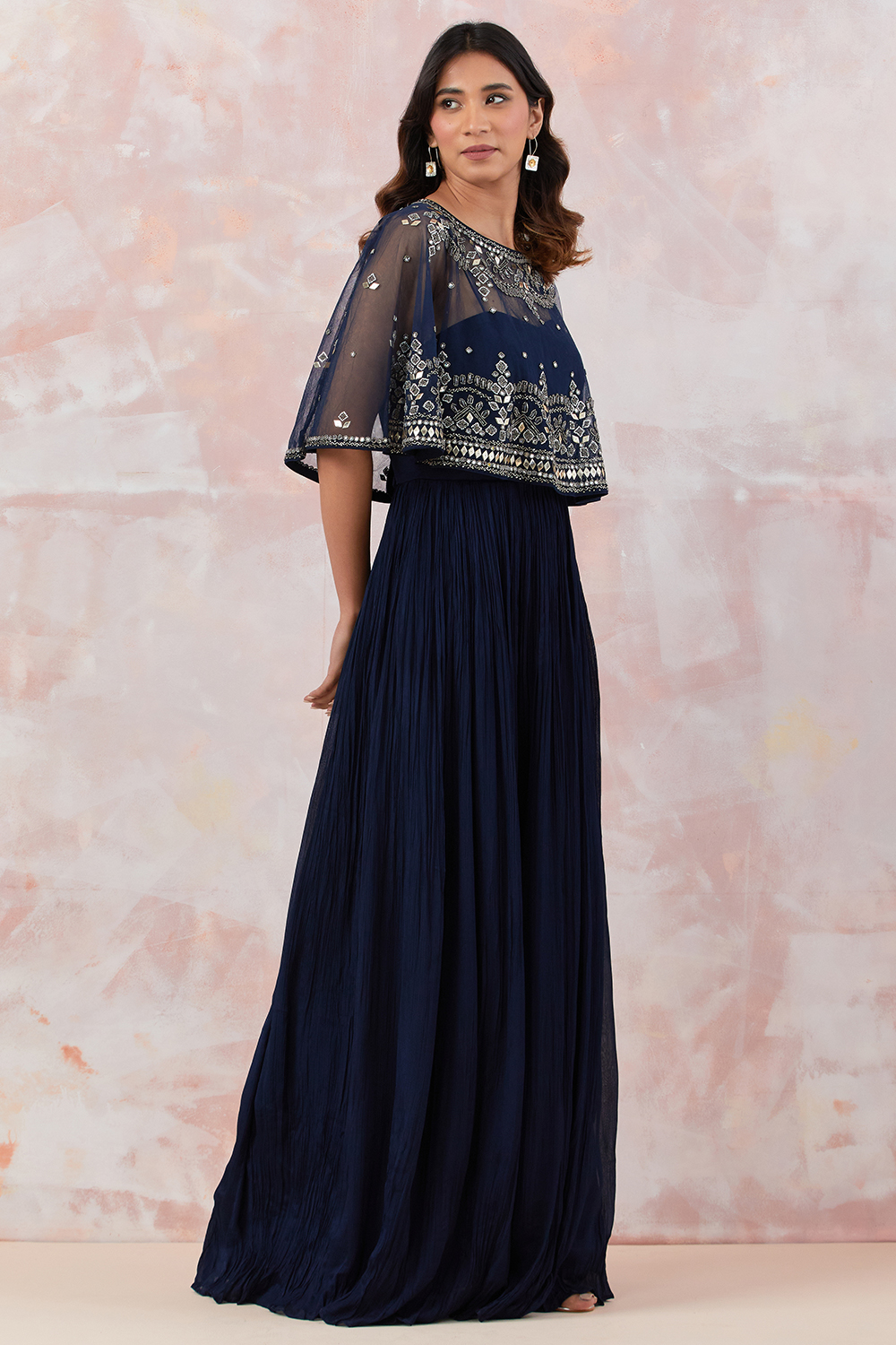 Blue Caped Gown With Embroidery
