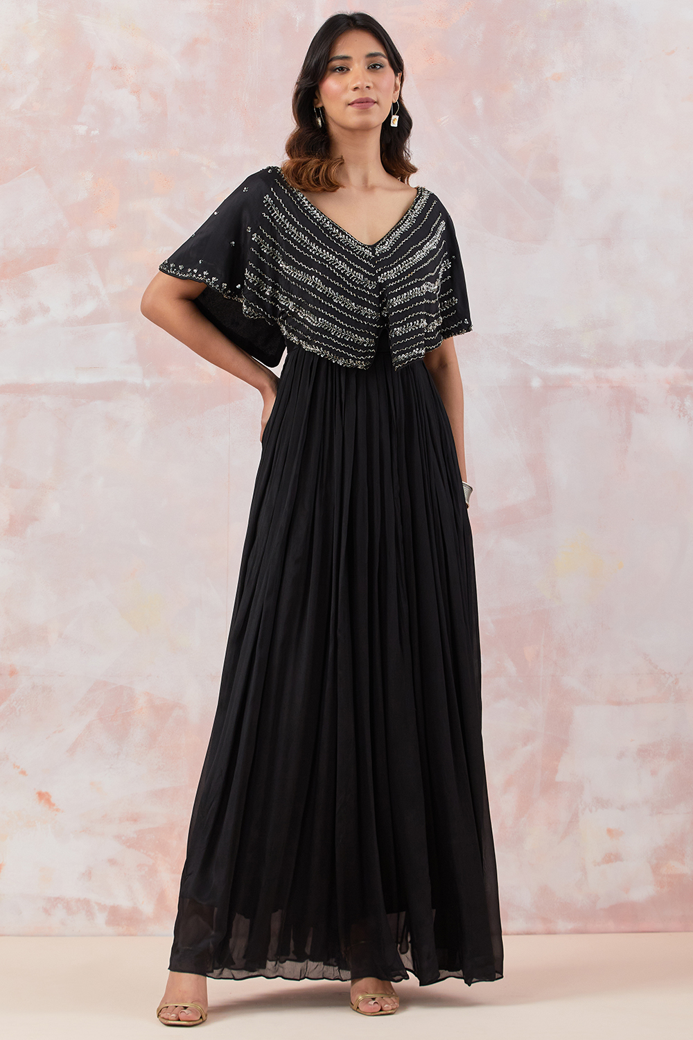 Black Caped Gown With Embroidery 