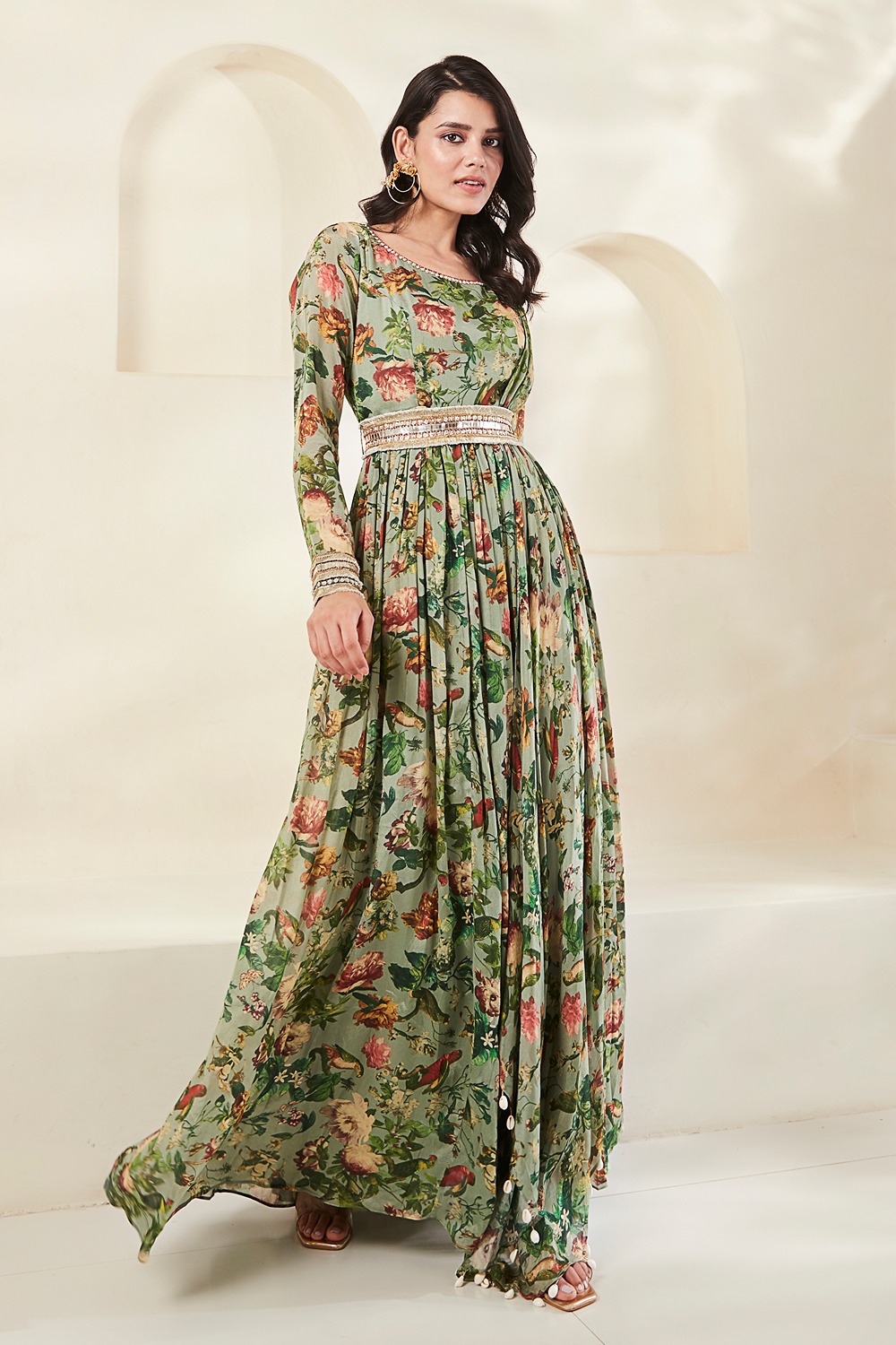 Green Printed Gown