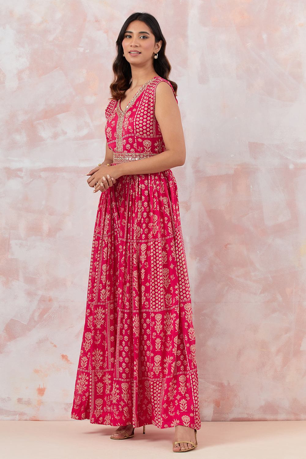 Pink Jumpsuit With Embroidered Belt