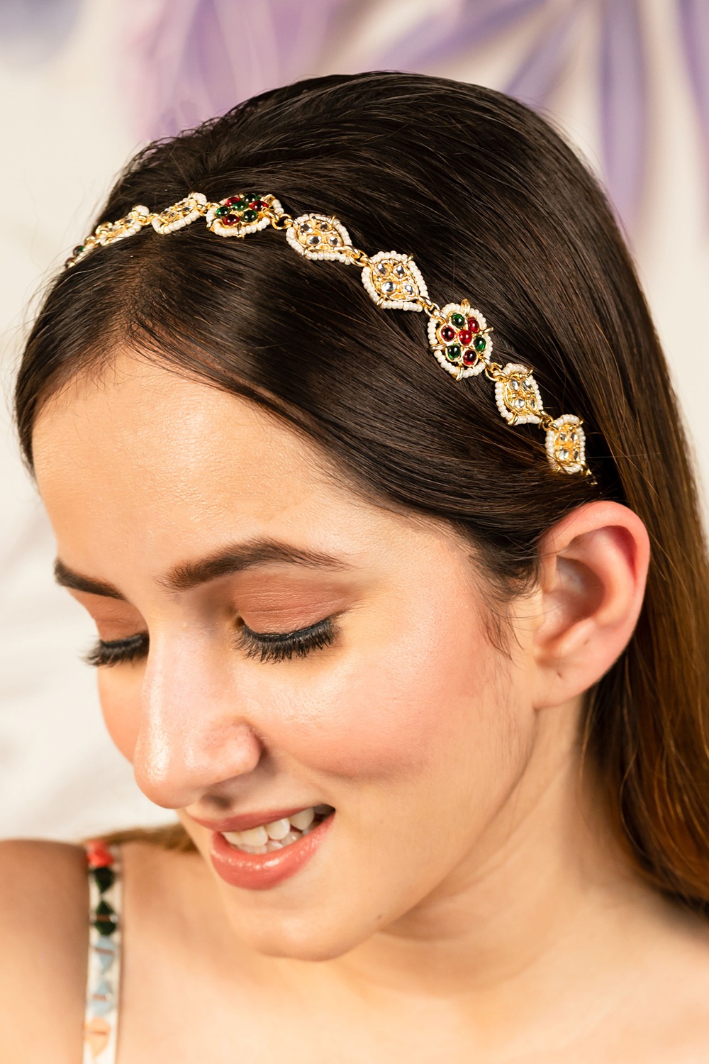 Gold Plated Hair Band for Women with Pearls and Polki 