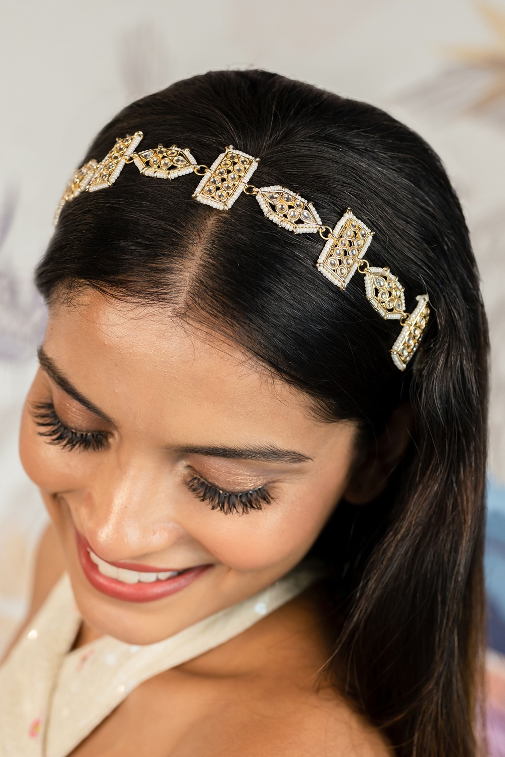 Gold Plated Geometric Hair Band for Women in Pearls and White Polki