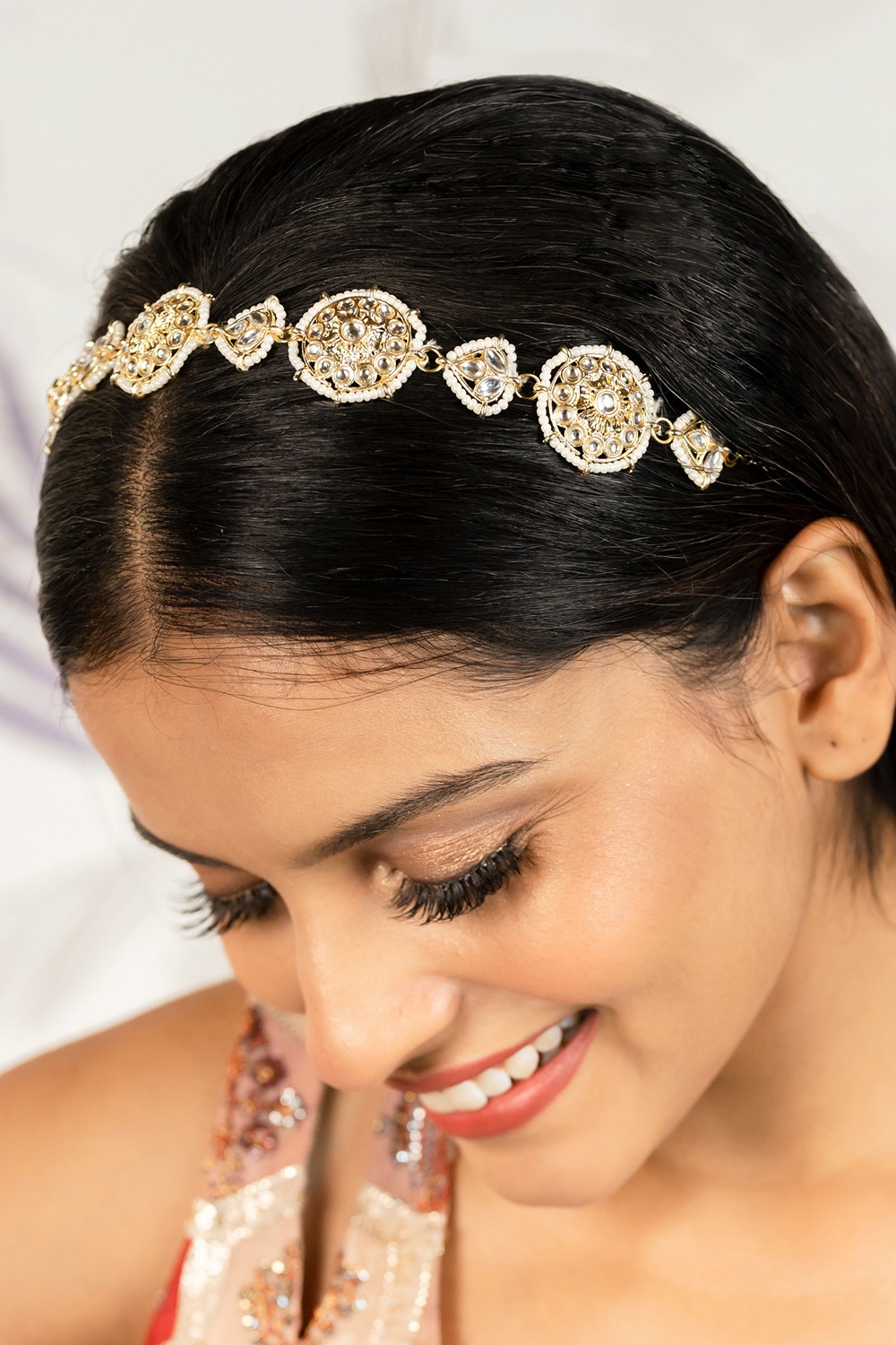 Gold Plated Circular Hair Band for Women in Pearls and White Polki 