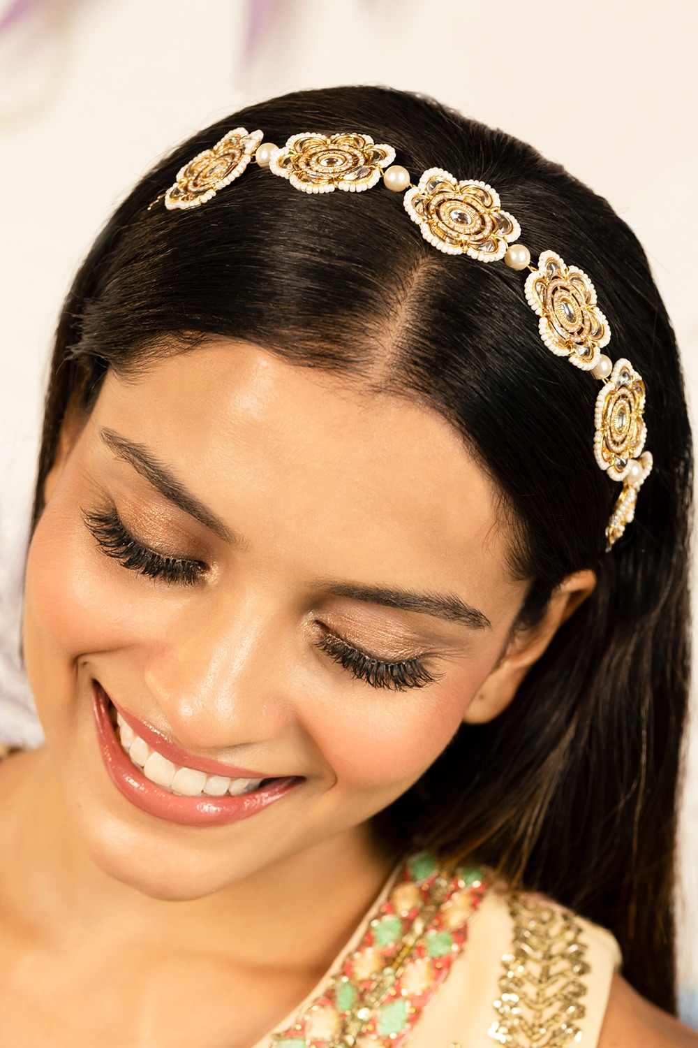 Gold Plated Hair Band for Women with Pearls, Kundan and Champagne
