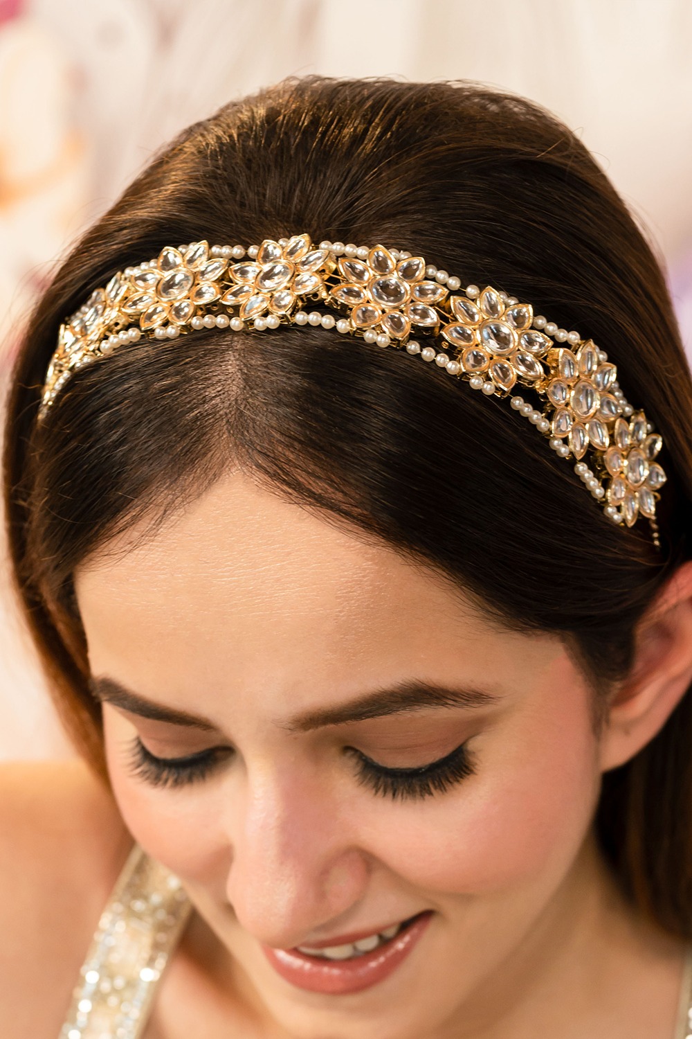 Gold Plated Floral Hair Band in Pearls and White Polki