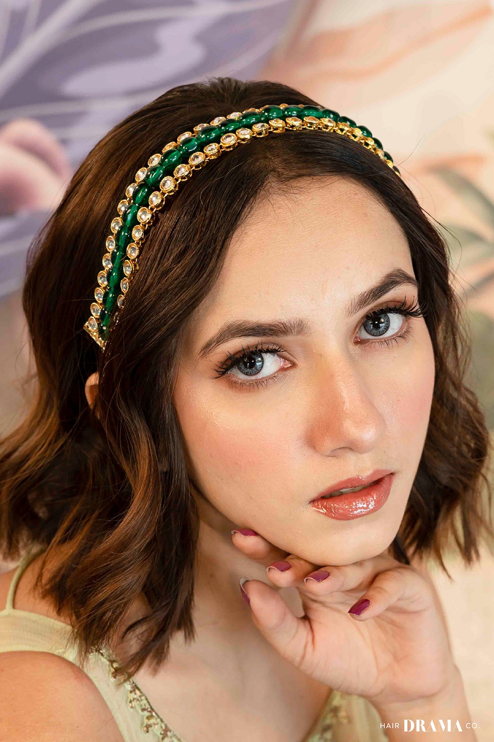Gold Plated Hair Band with Emerald Green Crystals and Transparent Stones