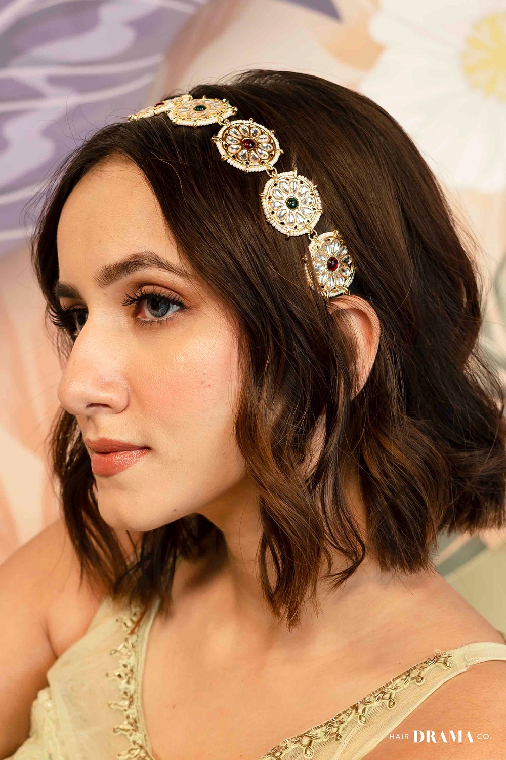 Gold Plated Floral Hair Band with White Polki and Colorful Stones 