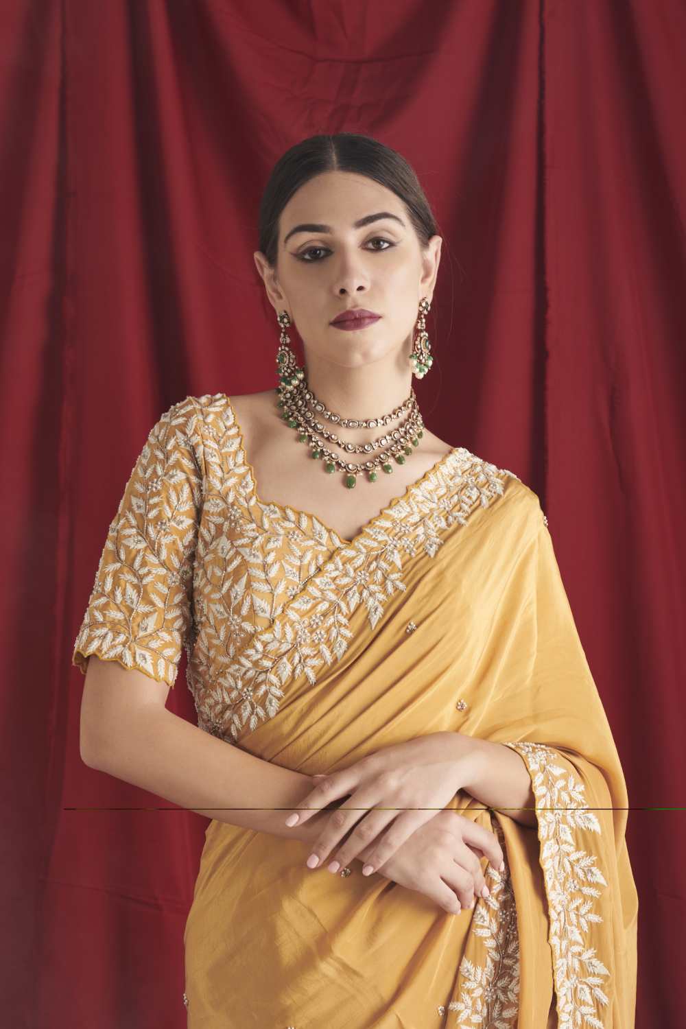 Mustard Embroidered Saree Set