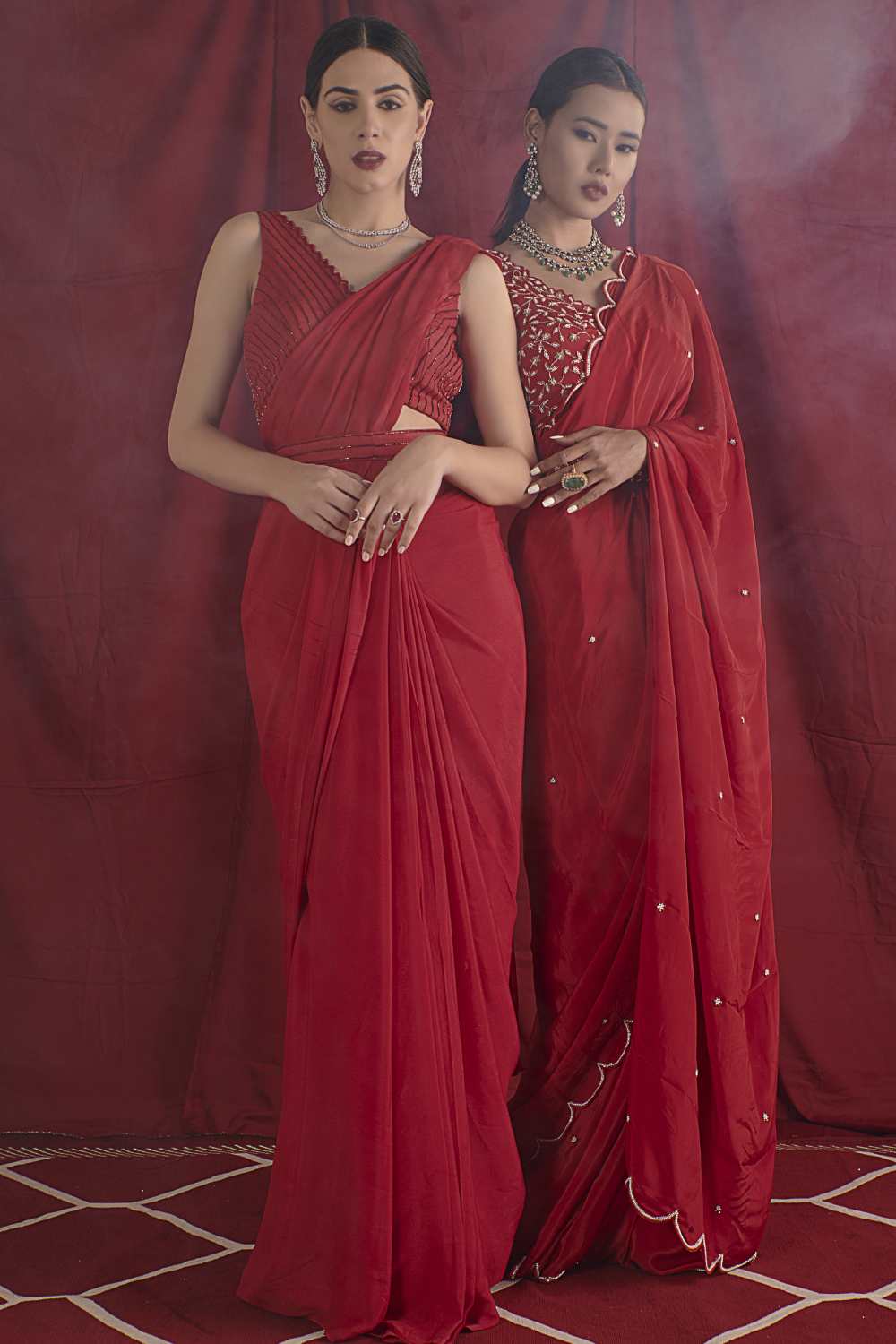 Red Embroiered Crepe Saree Set