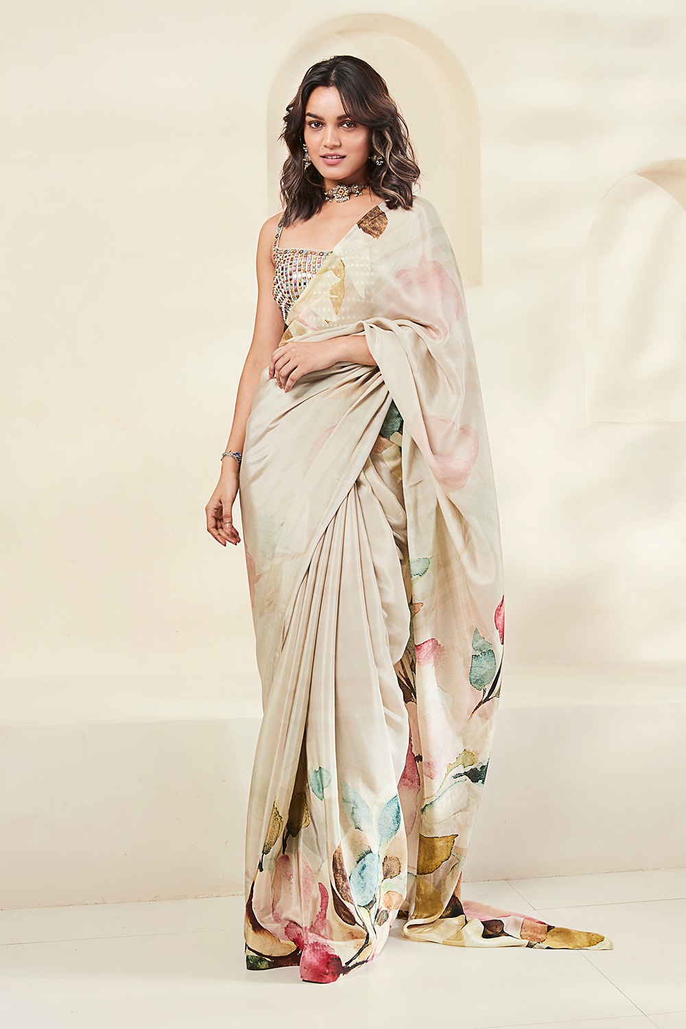 Beige Printed & Embroidered Saree