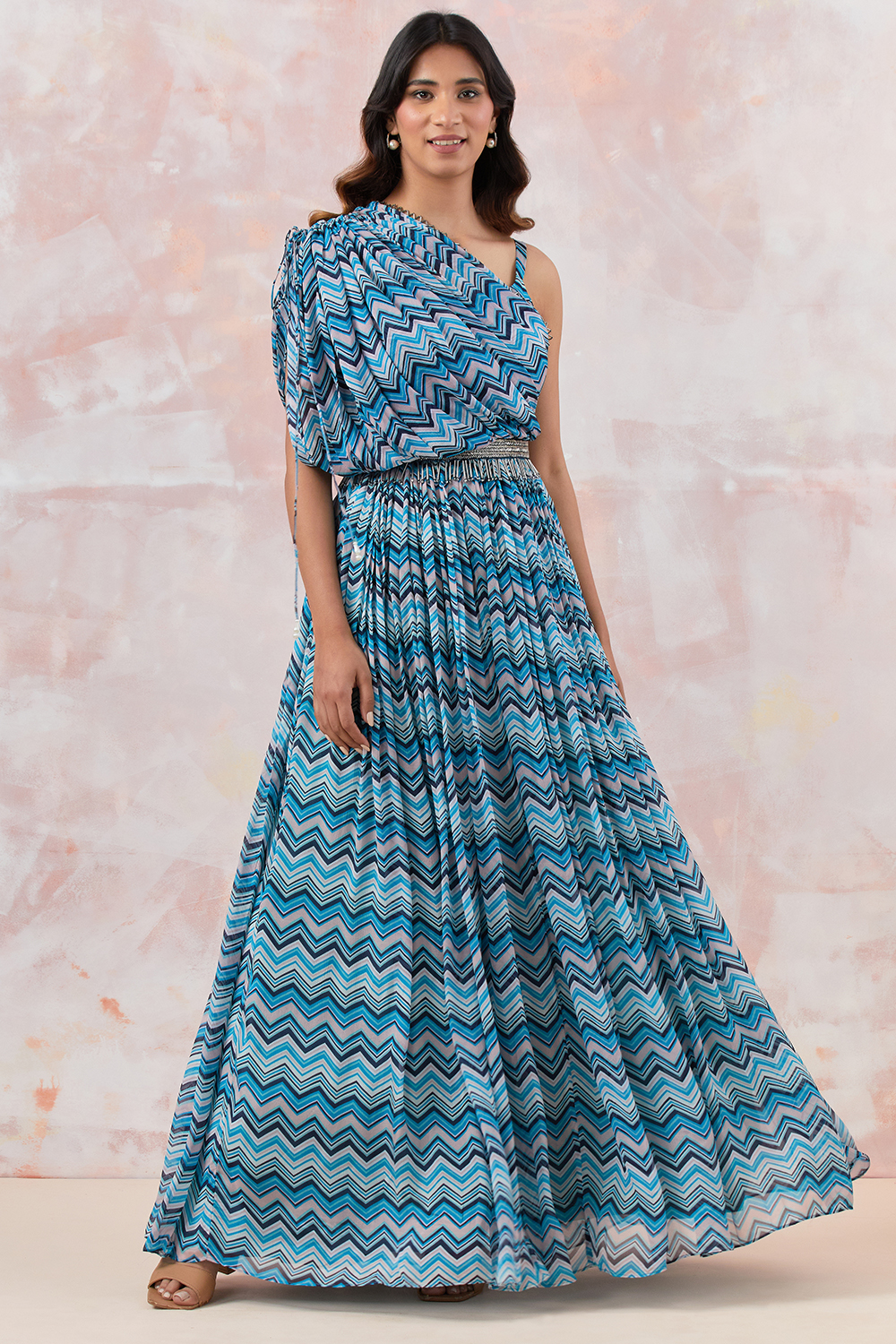 Blue Maxi Dress With Embroidered Belt