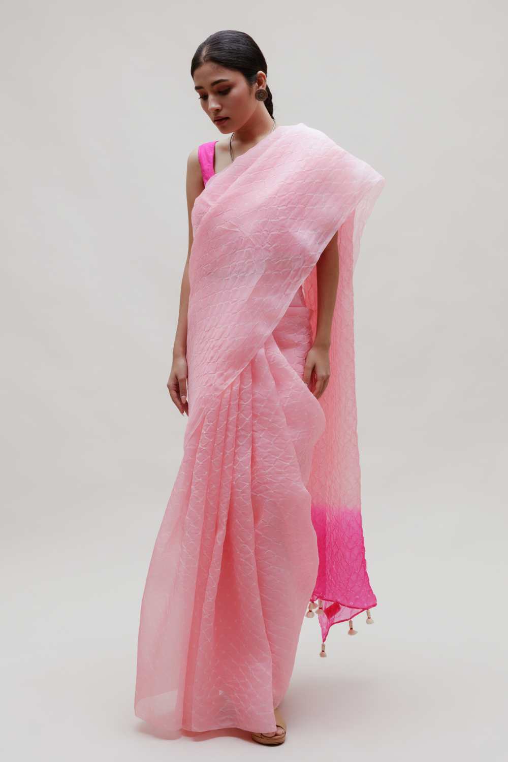 Pink Bandhani on Organza Saree