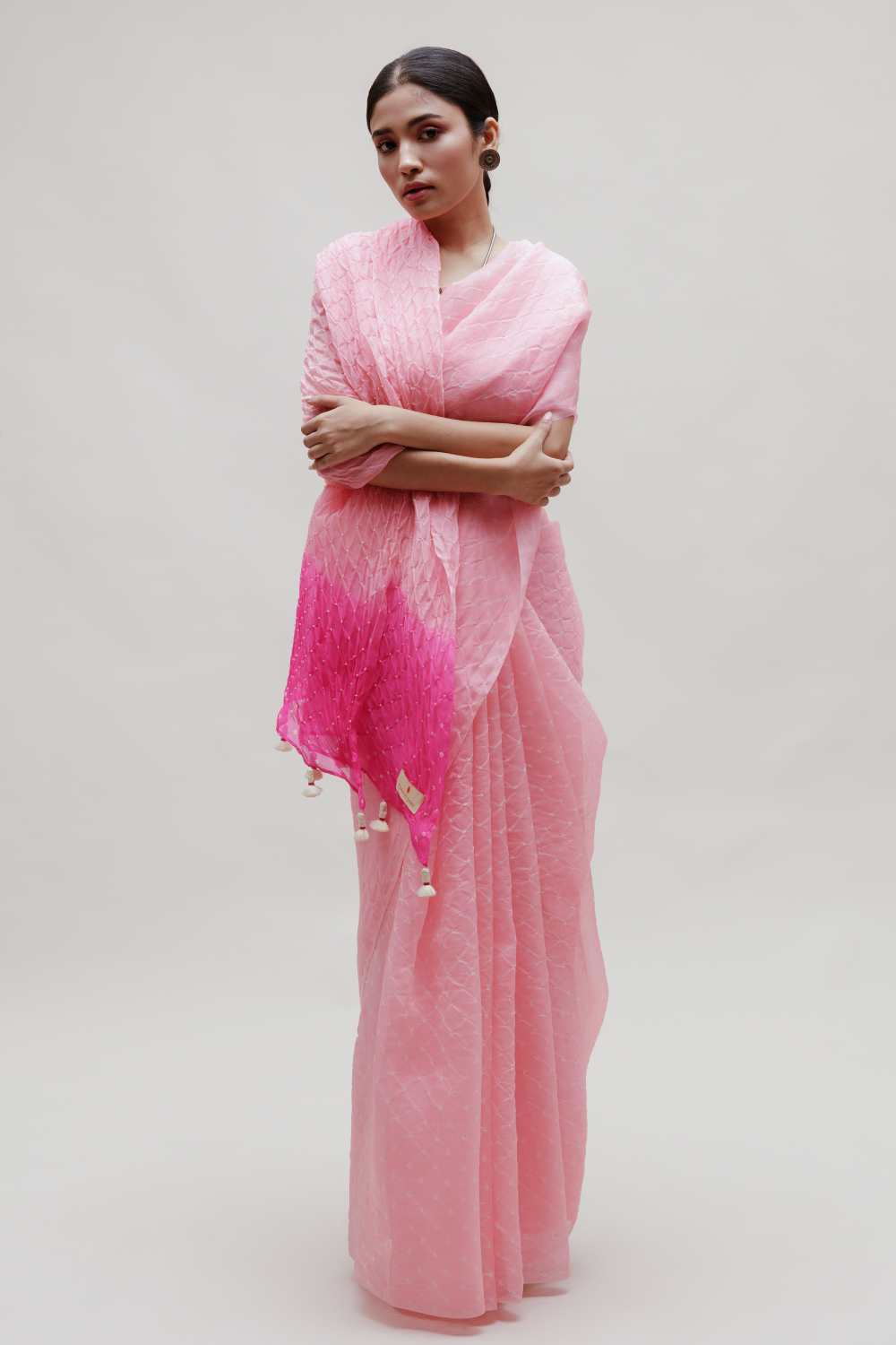 Pink Bandhani on Organza Saree