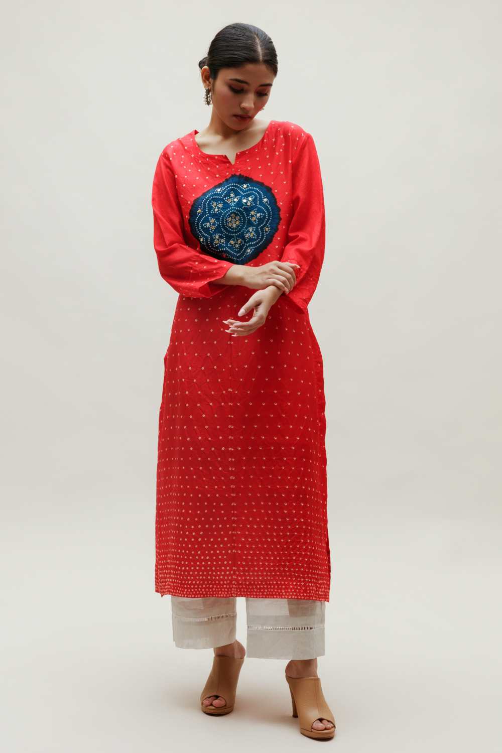 Bandhani on Silk Kurta - Blue Red 