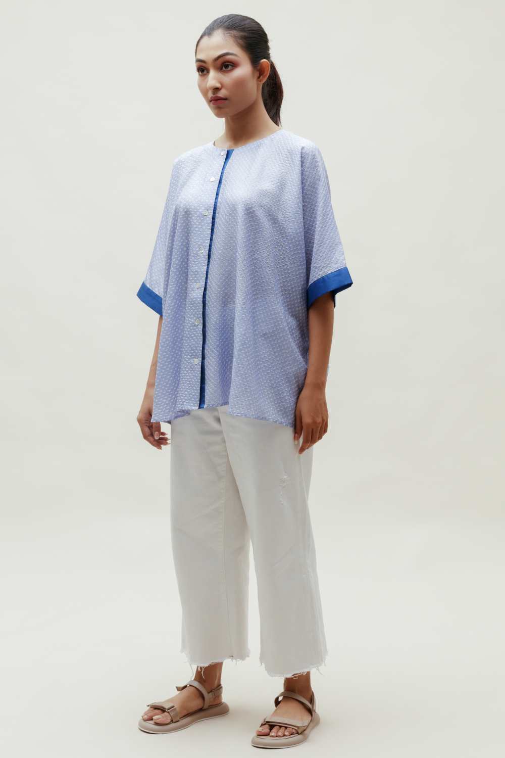 Free Size Bandhani Silk Shirt - Sky Blue