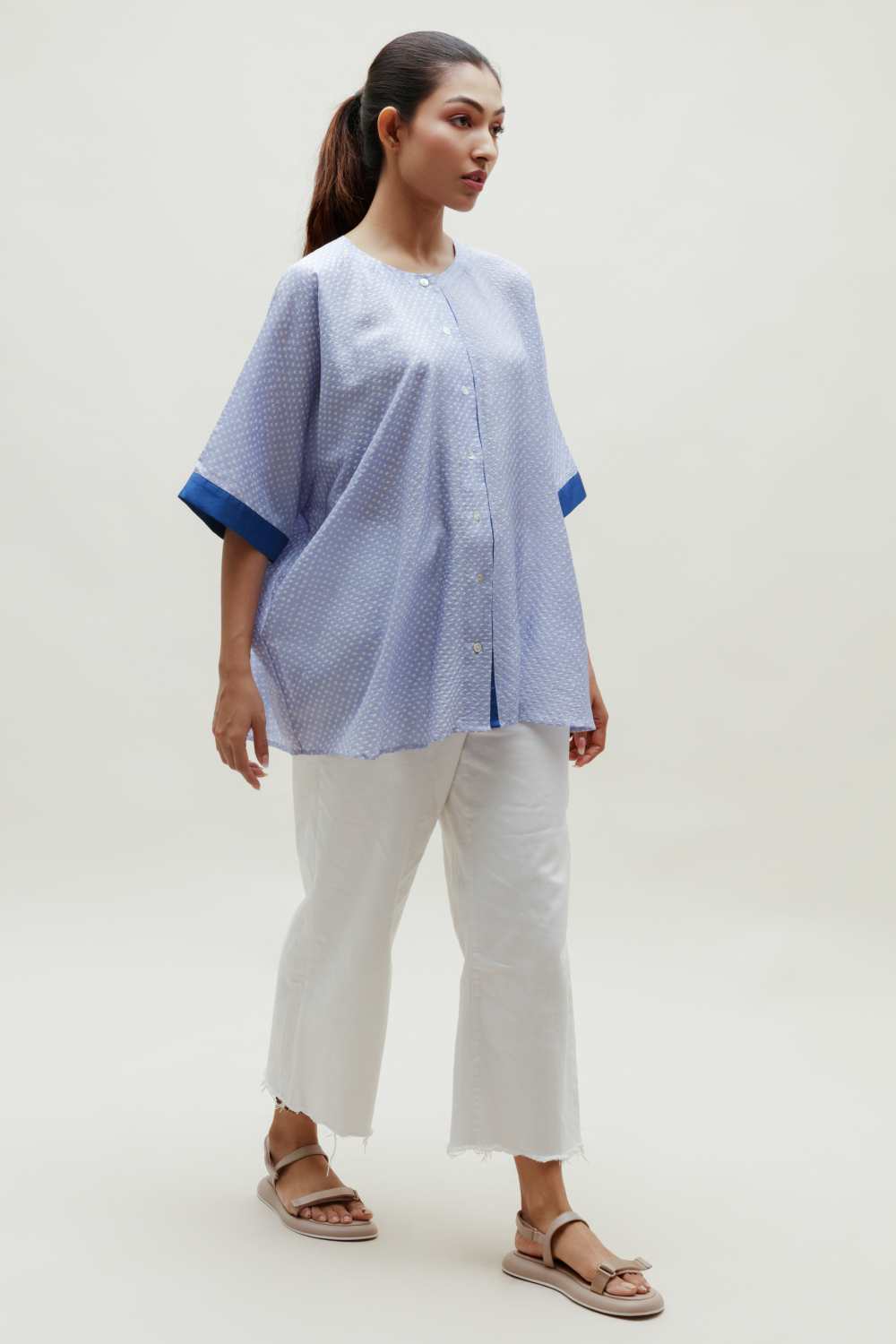 Free Size Bandhani Silk Shirt - Sky Blue