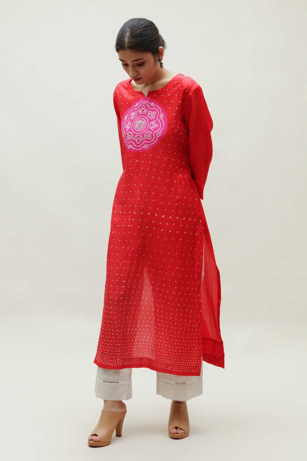 Bandhani on Silk Kurta - Pink Red 