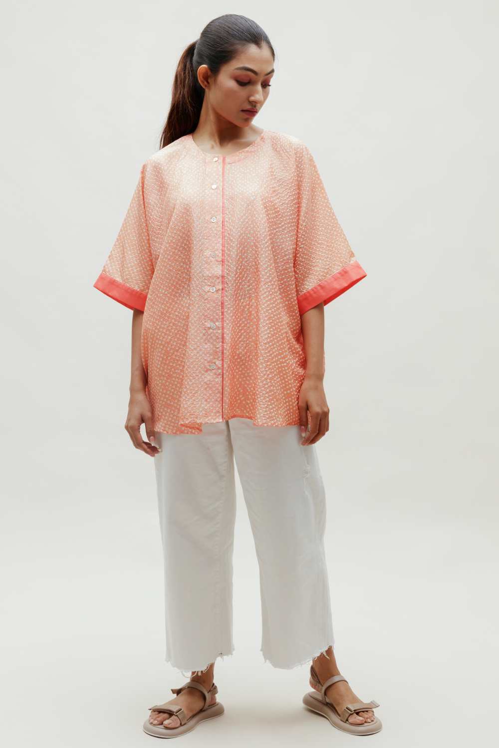 Free Size Bandhani Silk Shirt - Peach