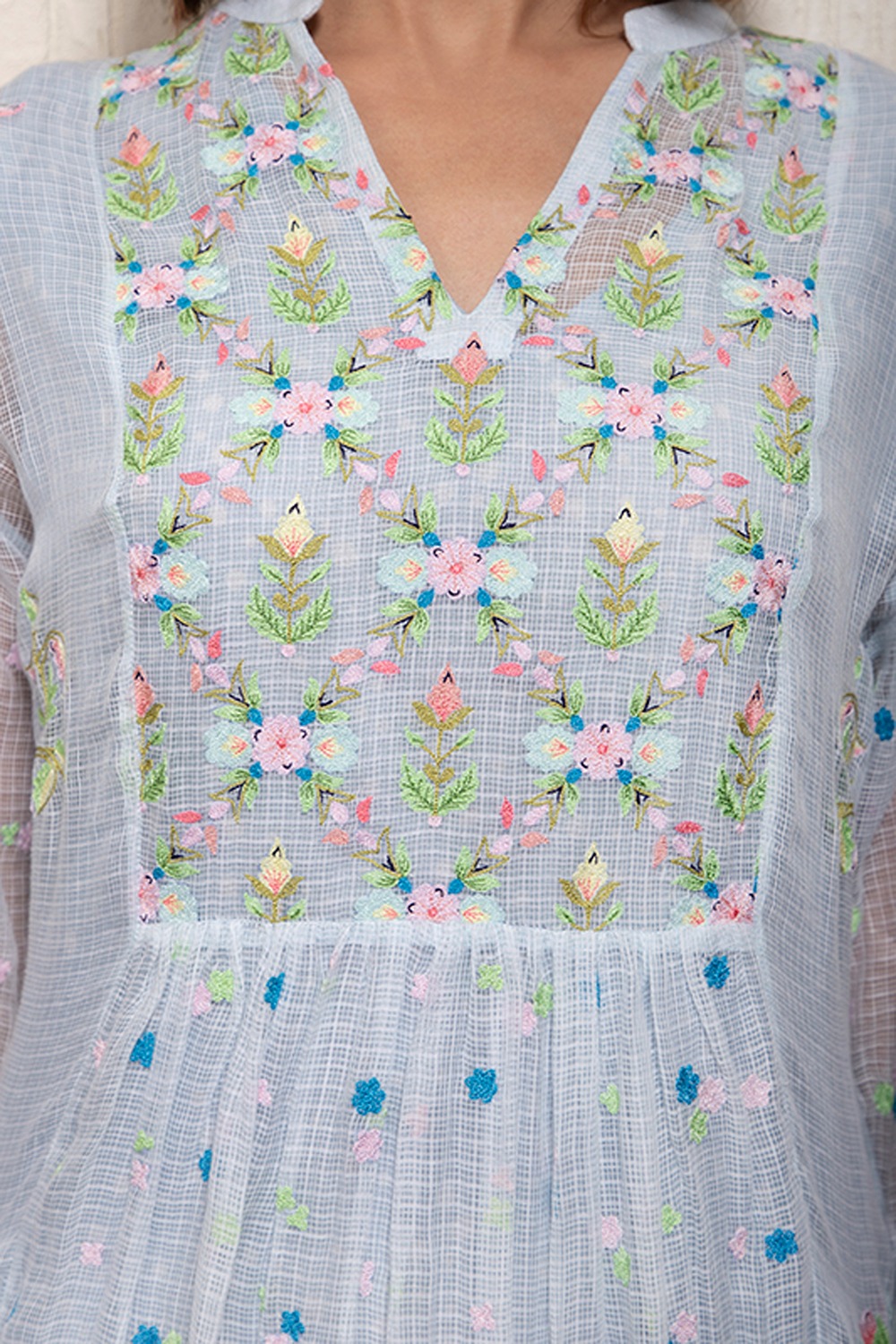 Multi Pastel Thread Embroidery Gather Dress 