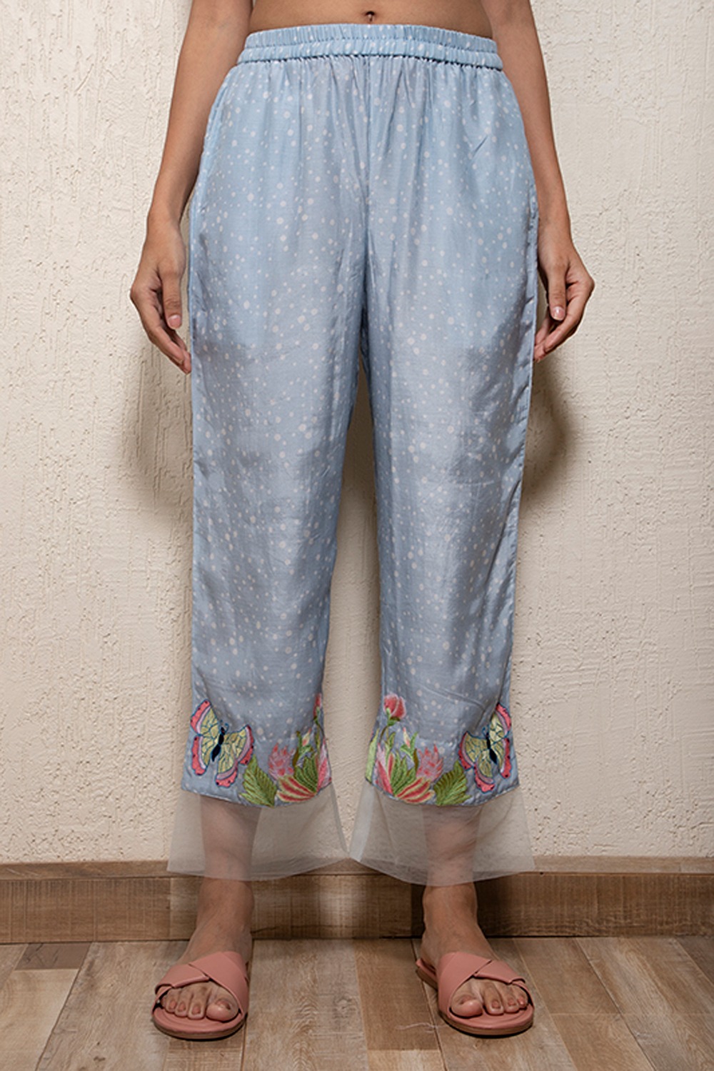 Embroidered Blue Pants In Cotton Silk