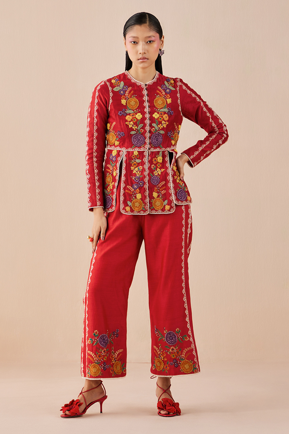 Red Embroidered Pants