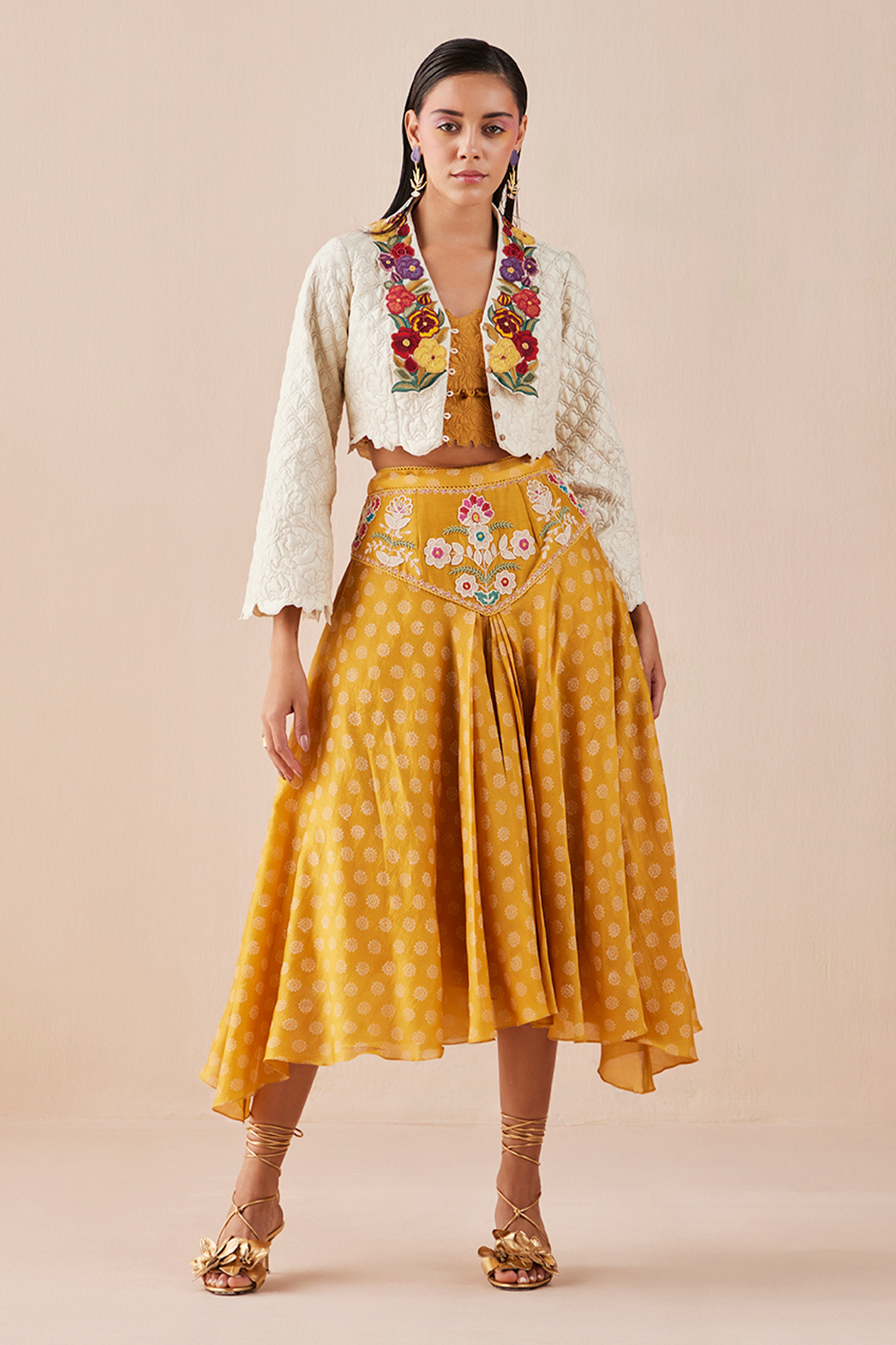 Yellow Printed Yoke Detail Skirt