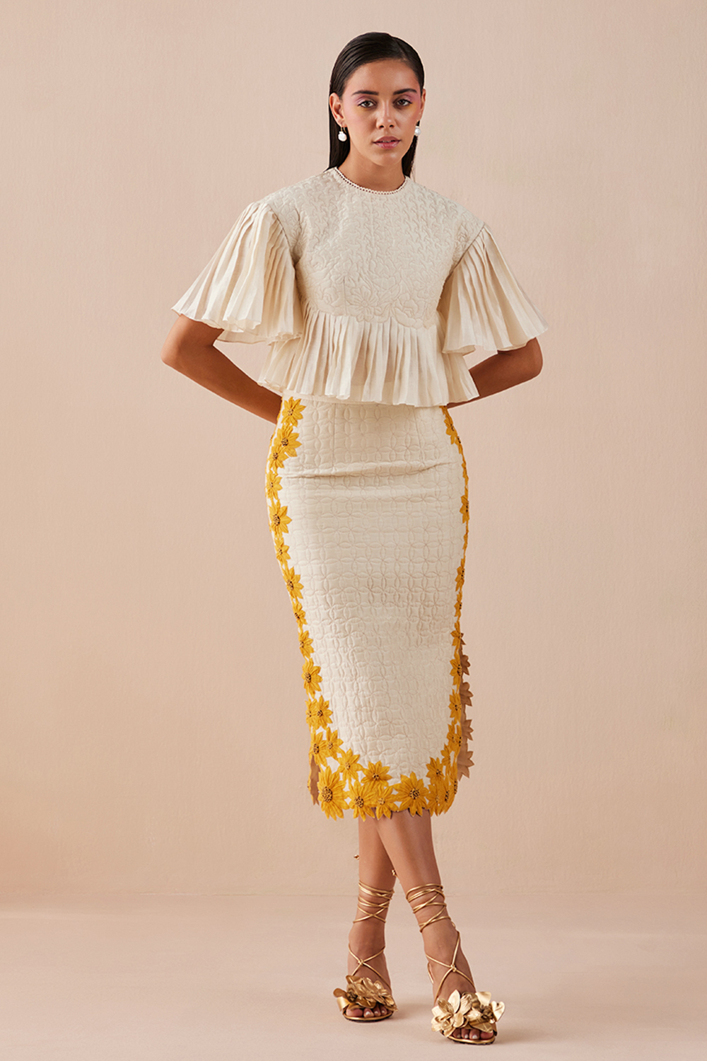 Ivory Quilted Sunflower Midi Skirt
