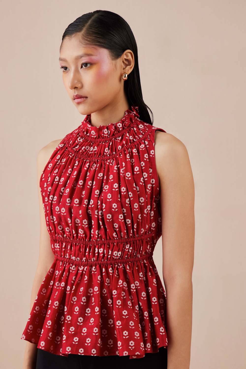Red Block Print Ruched Top
