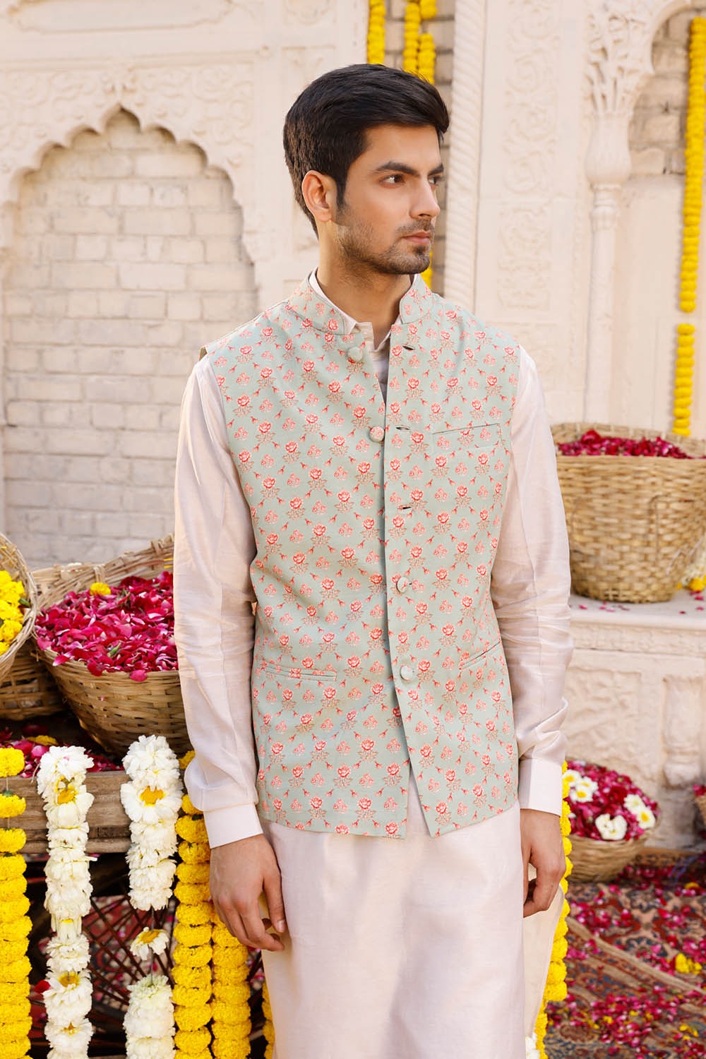 Cream Embroidery Jacket With Pathani Set