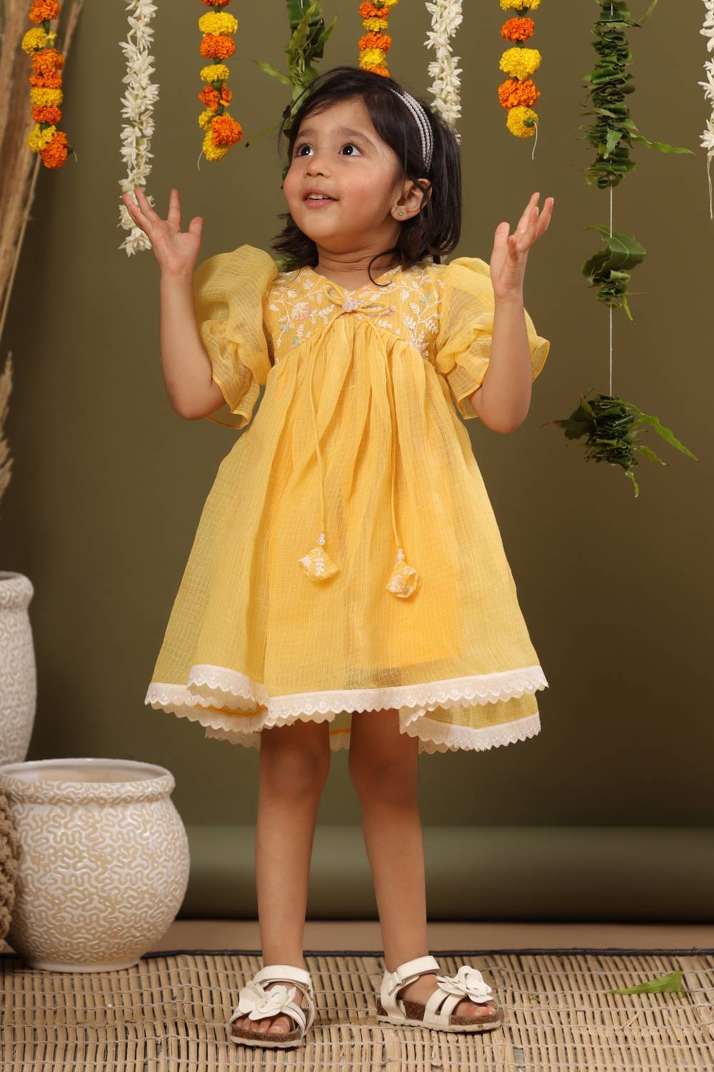 Yellow Embroided Dress With Lace Detailing