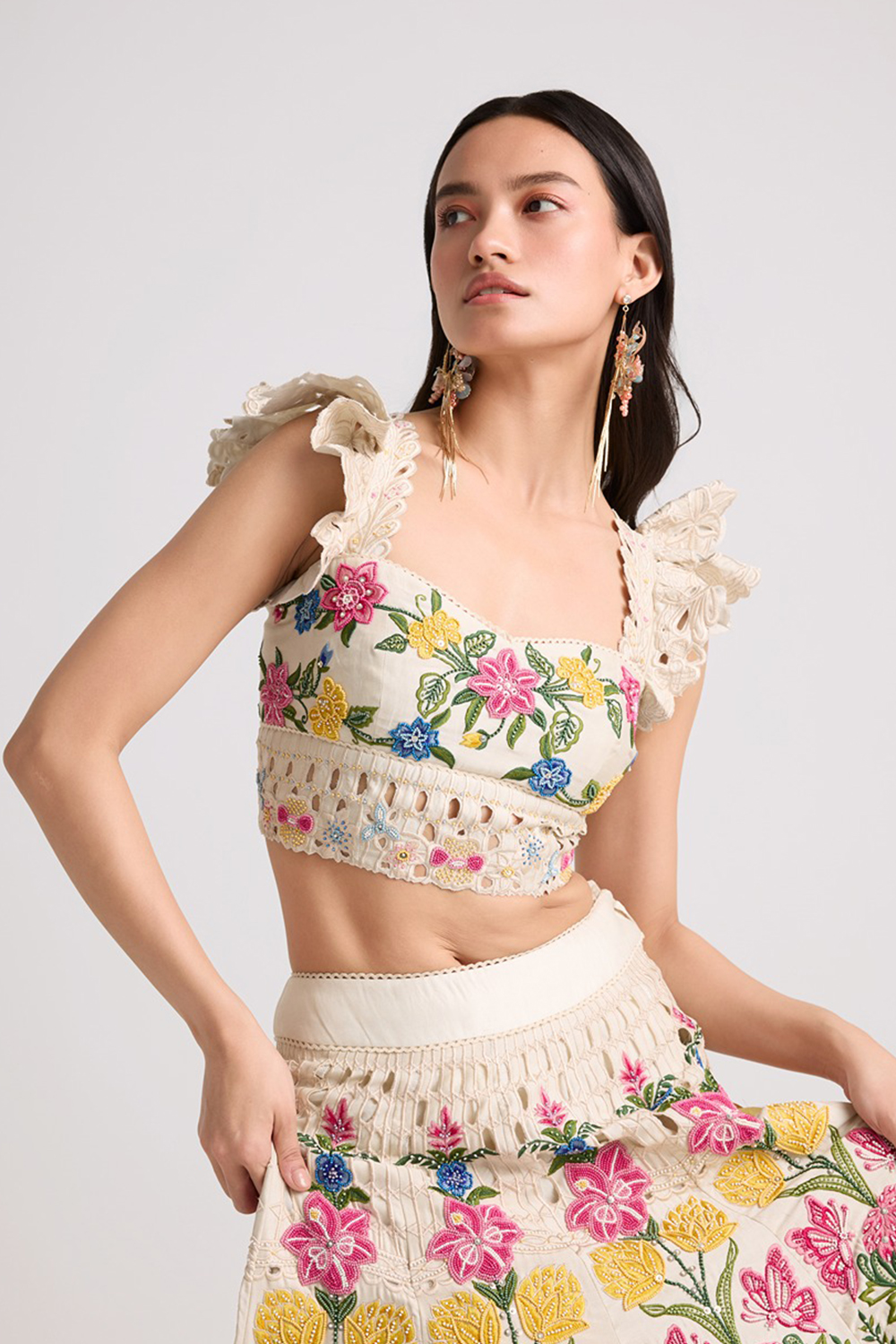 Ivory Floral Threadwork And Beadwork Bustier