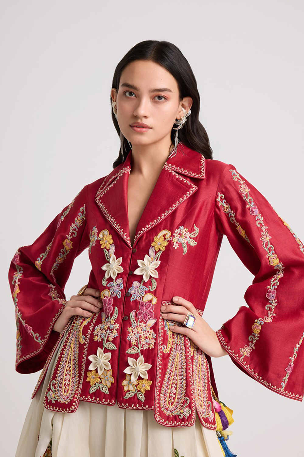 Red Contrast Cordwork And Beadwork Panelled Jacket