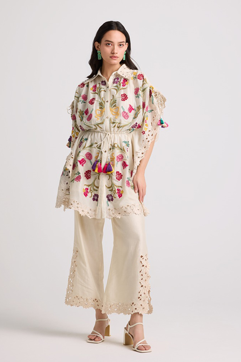 Ivory Floral Embroidered Kaftan Shirt