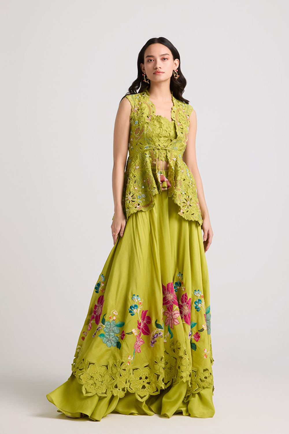 Lime Green Floral Applique Layered Lehenga