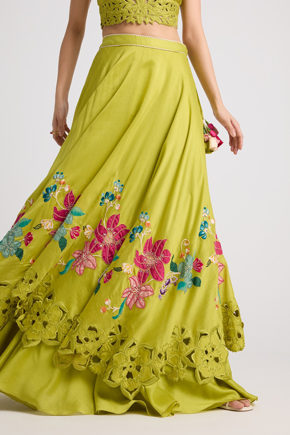 Lime Green Floral Applique Layered Lehenga