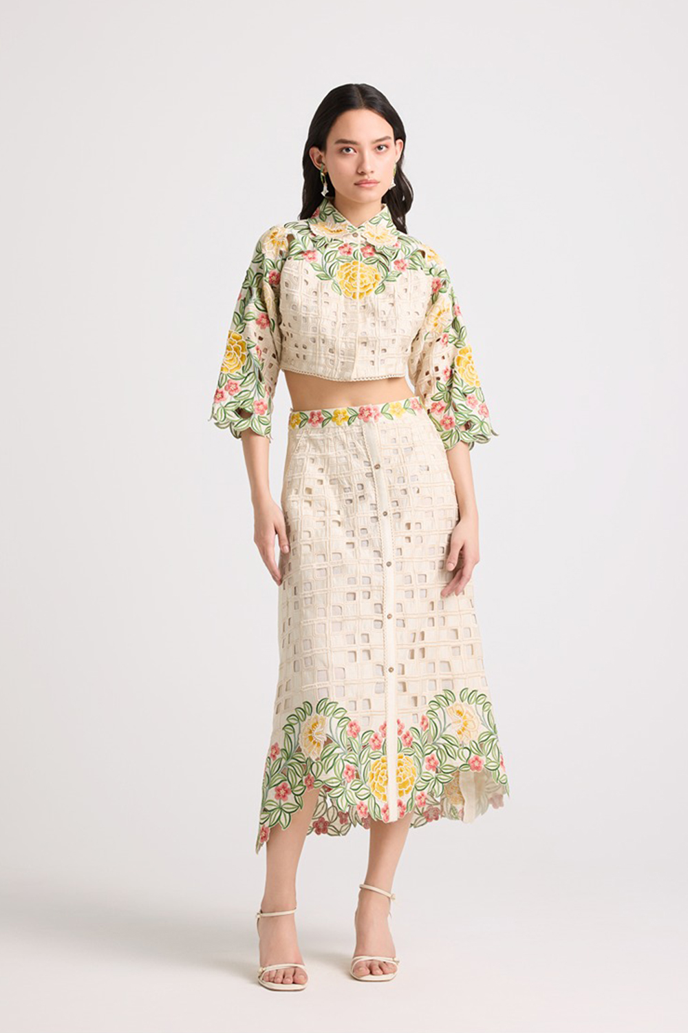 Ivory Floral Checkered Cutwork Buttondown Skirt