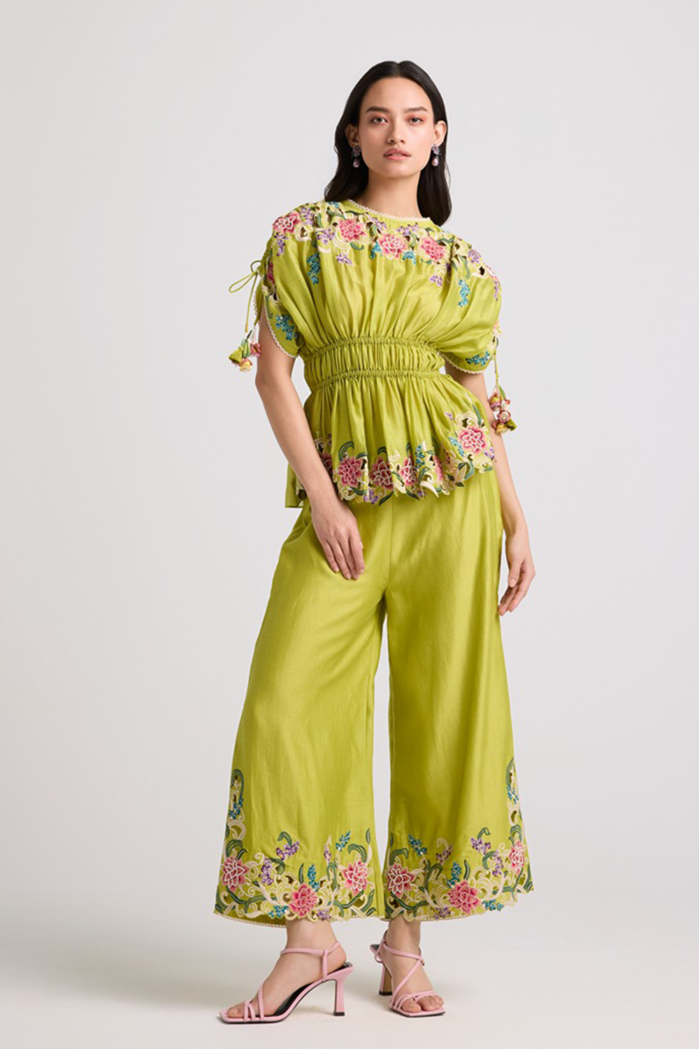 Lime Green Floral Cutwork Ruched Top