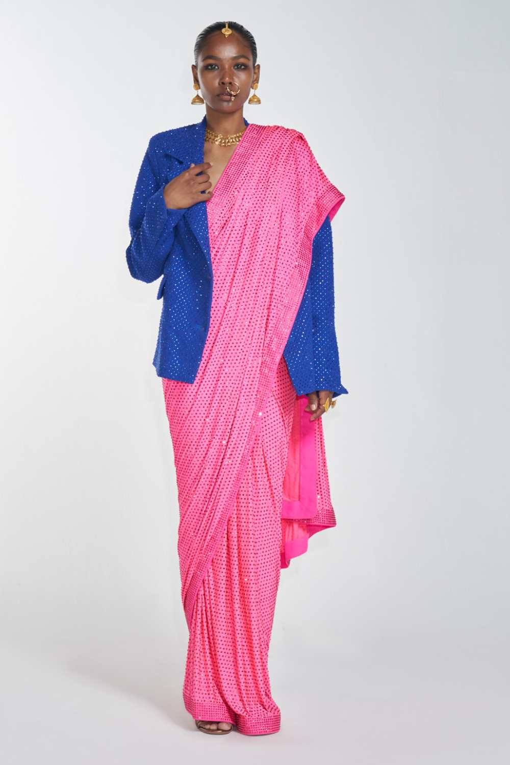 Buy Pink Silk Printed Palm Notched Daisy Pre-draped Saree With Blazer For  Women by Miku Kumar Online at Aza Fashions.