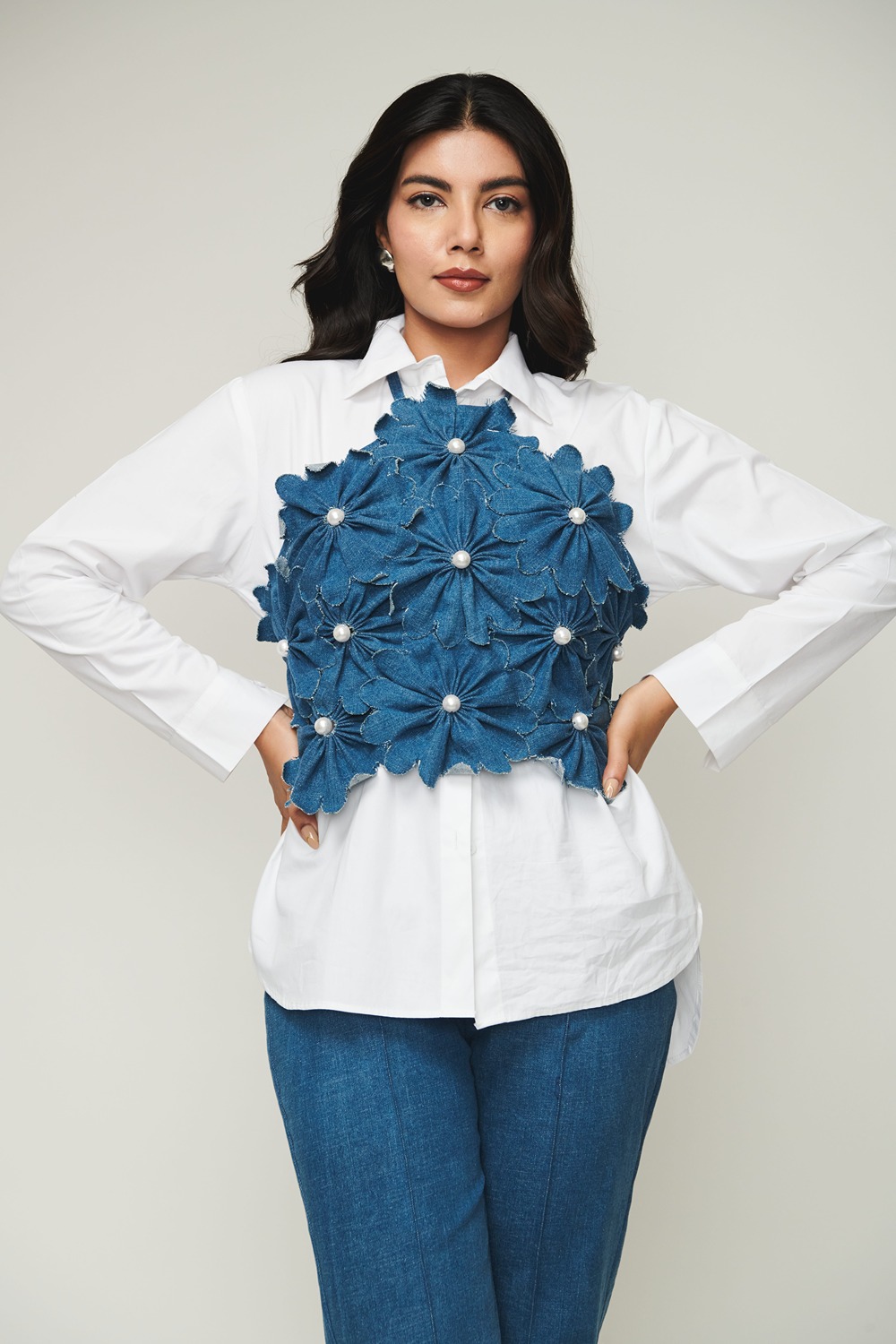 Weaving Cult White Shirt With Halter Neck 3D Flower Top