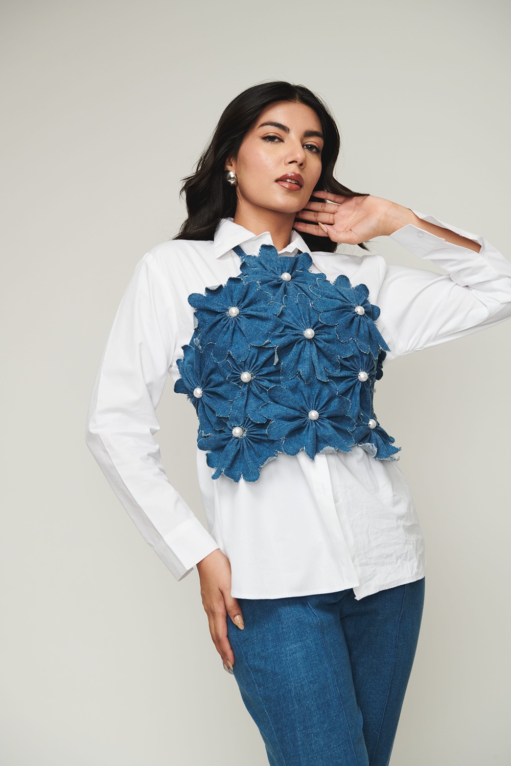 Weaving Cult White Shirt With Halter Neck 3D Flower Top